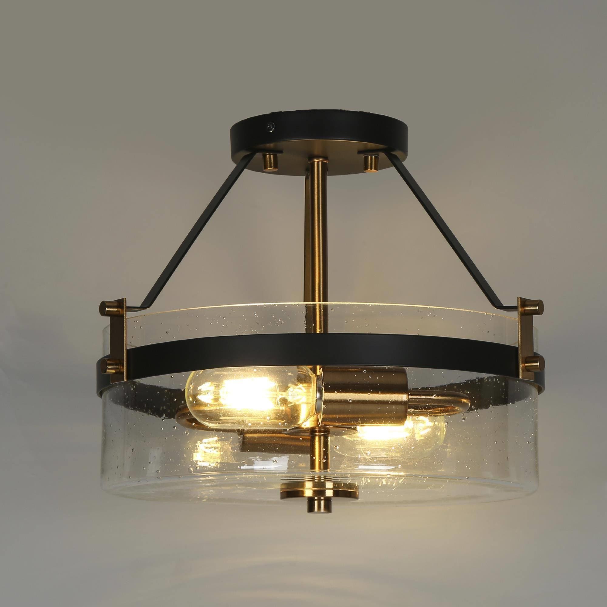 Uolfin 2-Light 12.5-in Matte Black and Satin Copper with Drum Glass Shape  LED Semi-flush Mount Light