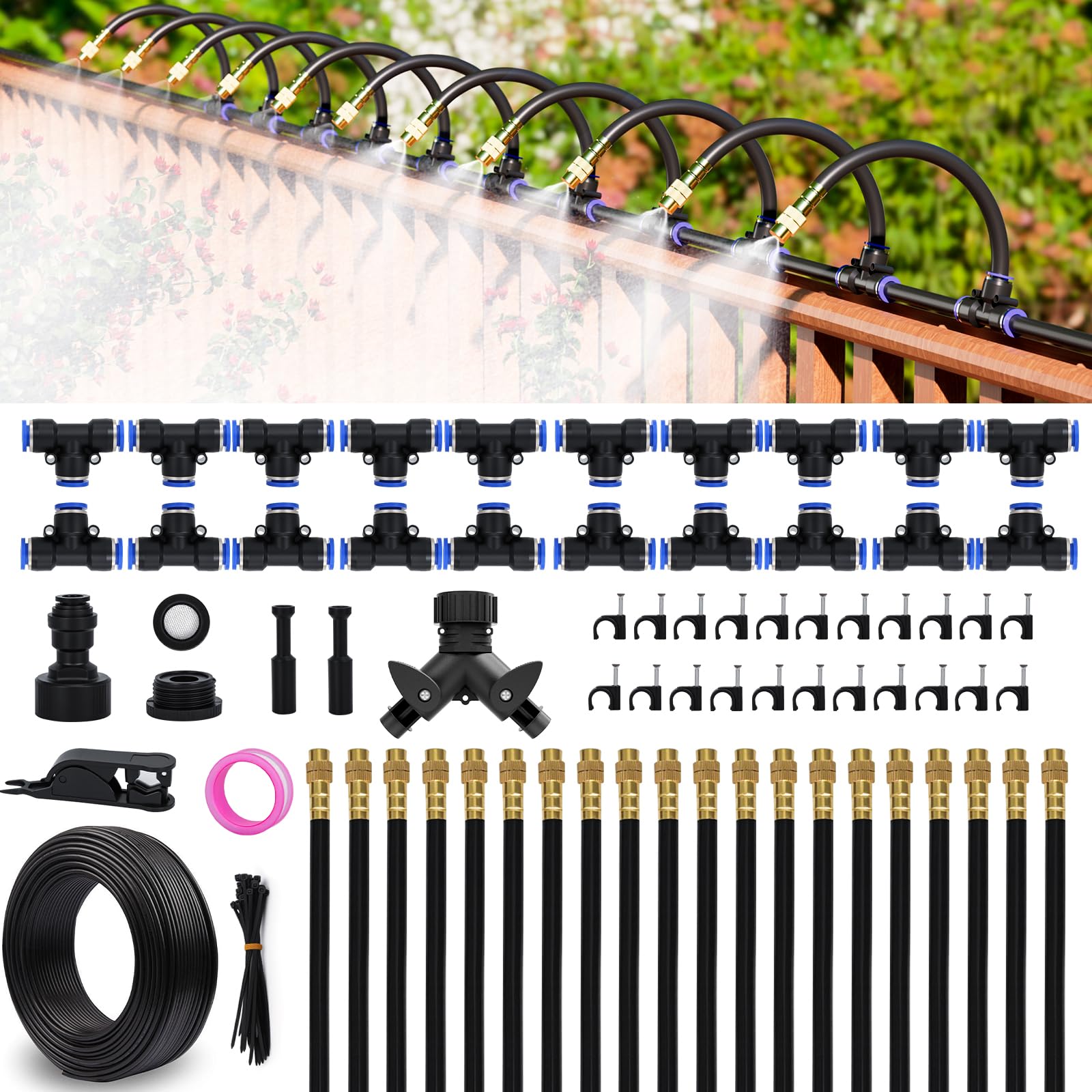 Adrinfly  Drip Irrigation System 100 FT Kit with 32 Adjustable Nozzles 1 Quarter Inch Hose for Garden Lawn Greenhouse Yard Patio Plant Watering