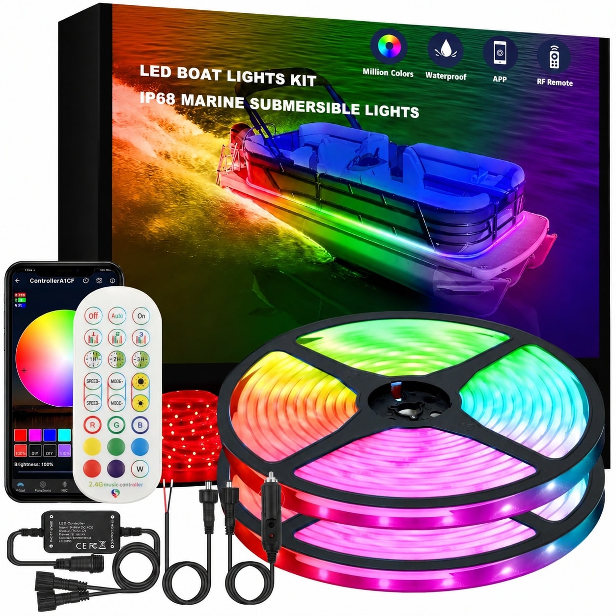 KIWDZFU  Marine Submersible Boat LED Strip Lights 50FT IP68 Waterproof Underwater RGB Lights for Boat Deck Night Fishing Pontoon RF APP Control