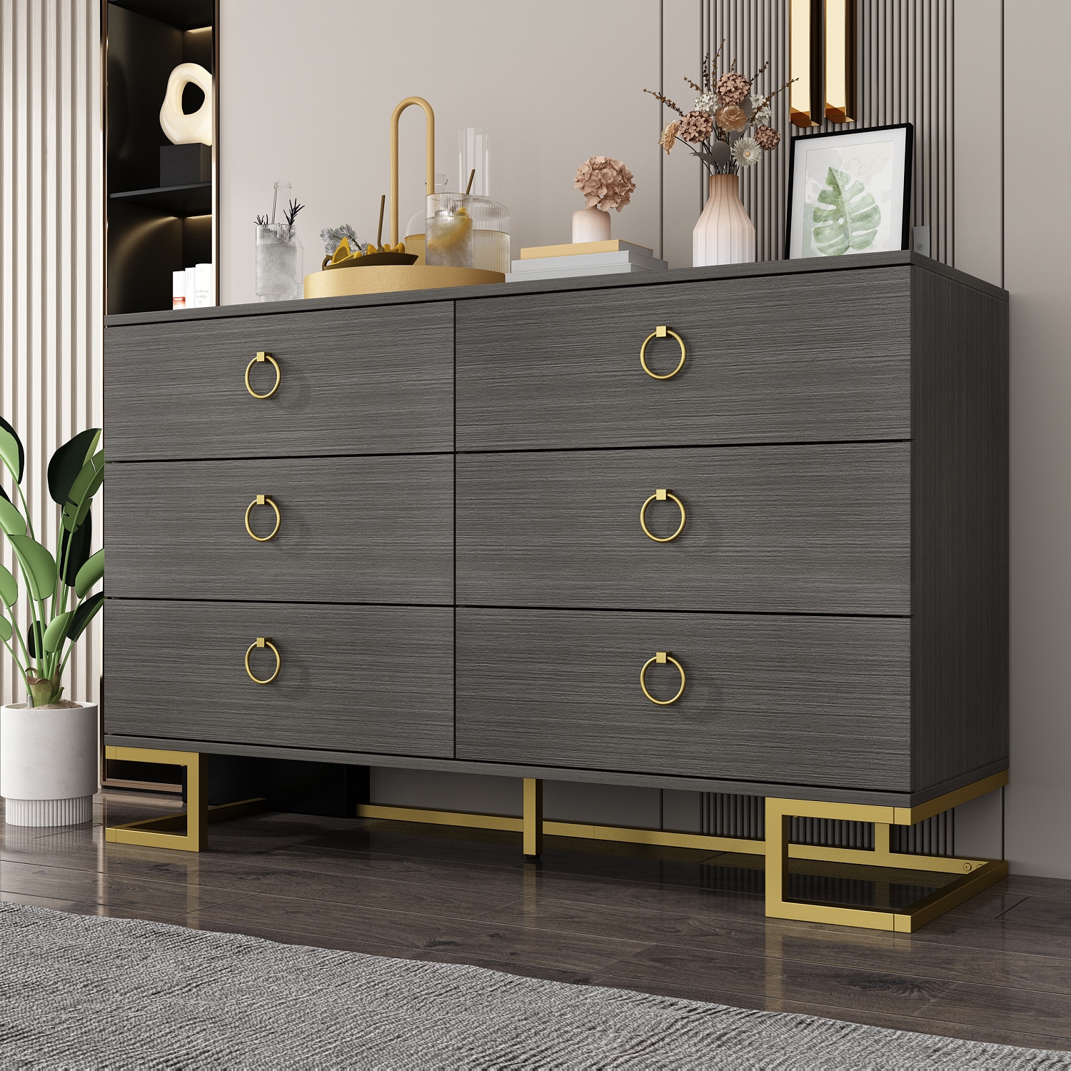 FUFU&GAGA Contemporary Gray 6-Drawer Dresser with Wood Grain Finish,  47.2-in Width, 15.7-in Depth, 29.9-in Height in the Dressers department at