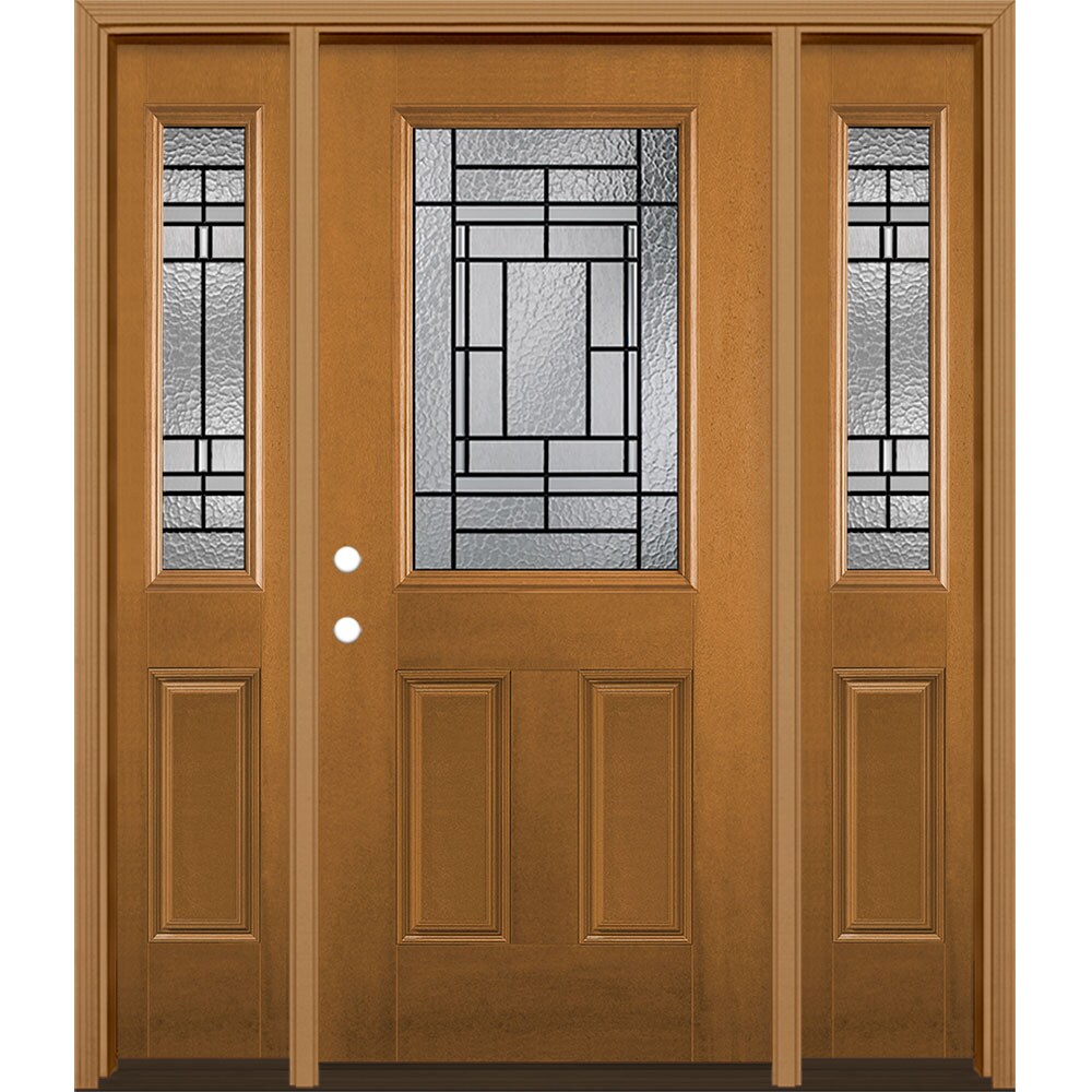 Masonite 2626110 Pembrook 64-in x 80-in Wood Half Lite Right-Hand Inswing Oak Crest Stained Single Front Door with Sidelights with Brickmould Insulating Core