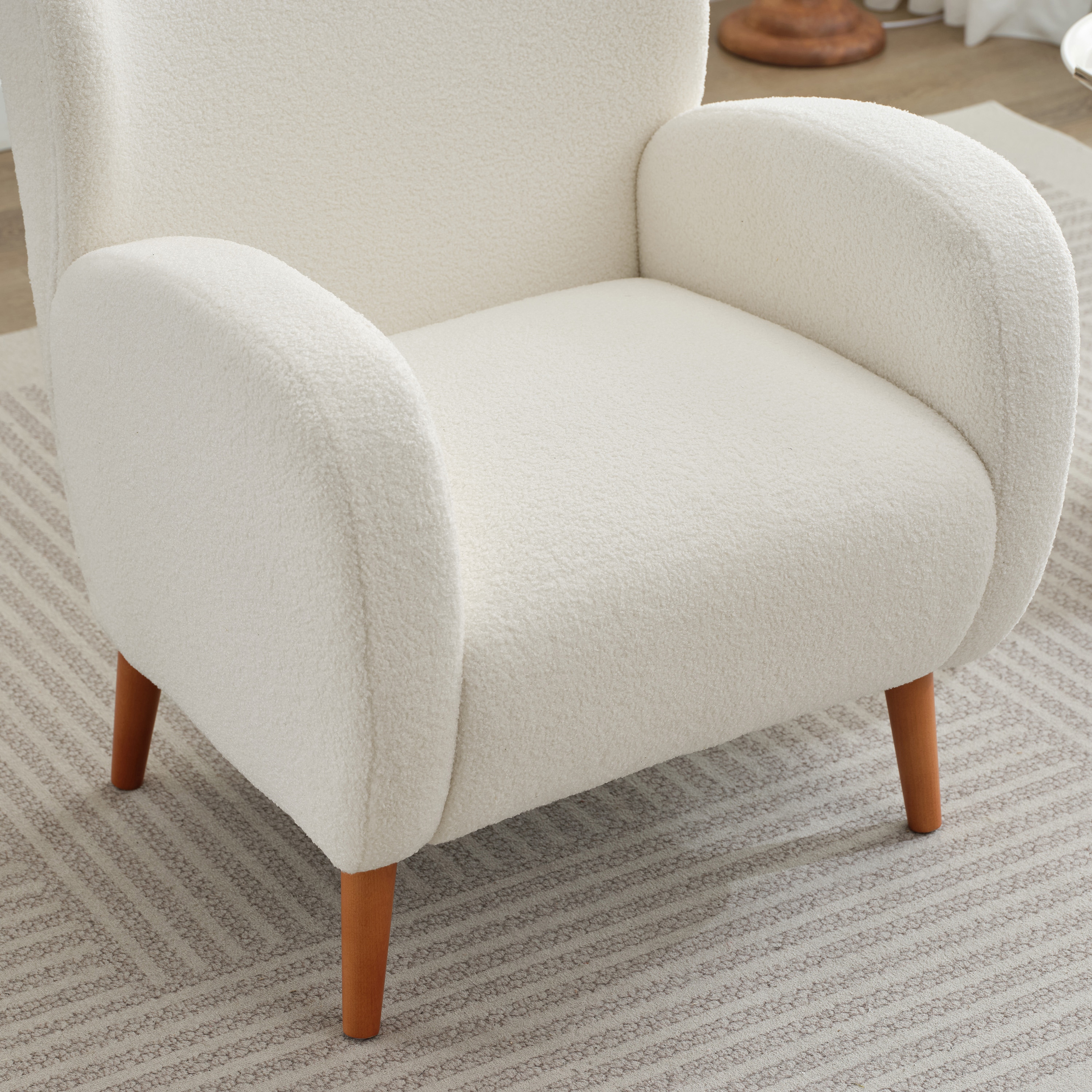 Beige Boucle Wingback Accent Chair with Wood Legs