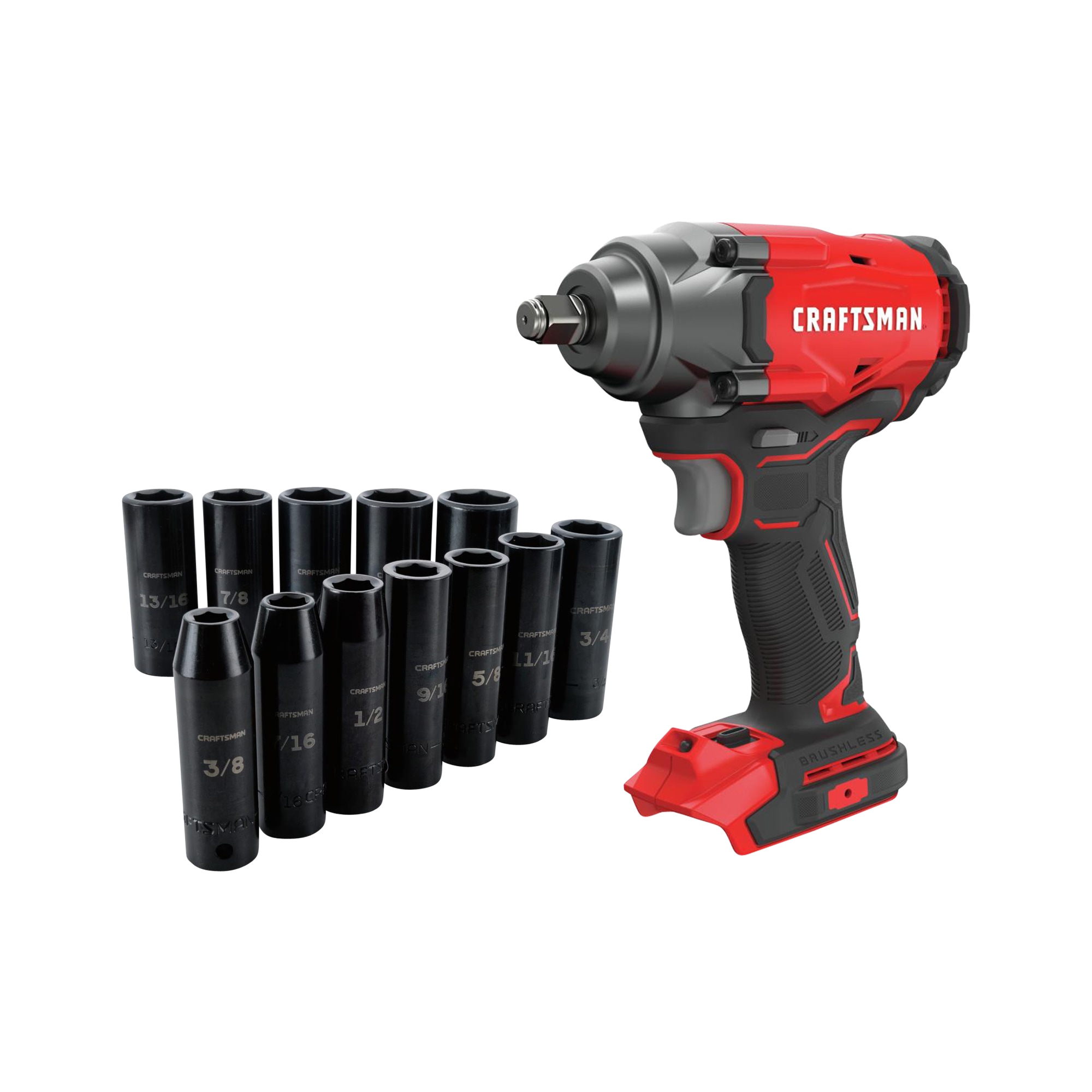 CRAFTSMAN V20-Amp 20-volt Max Variable Speed Brushless 1/2-in Drive Cordless Impact Wrench (Tool Only) & 12-Piece Standard (SAE) 1/2-in Drive 6-Point