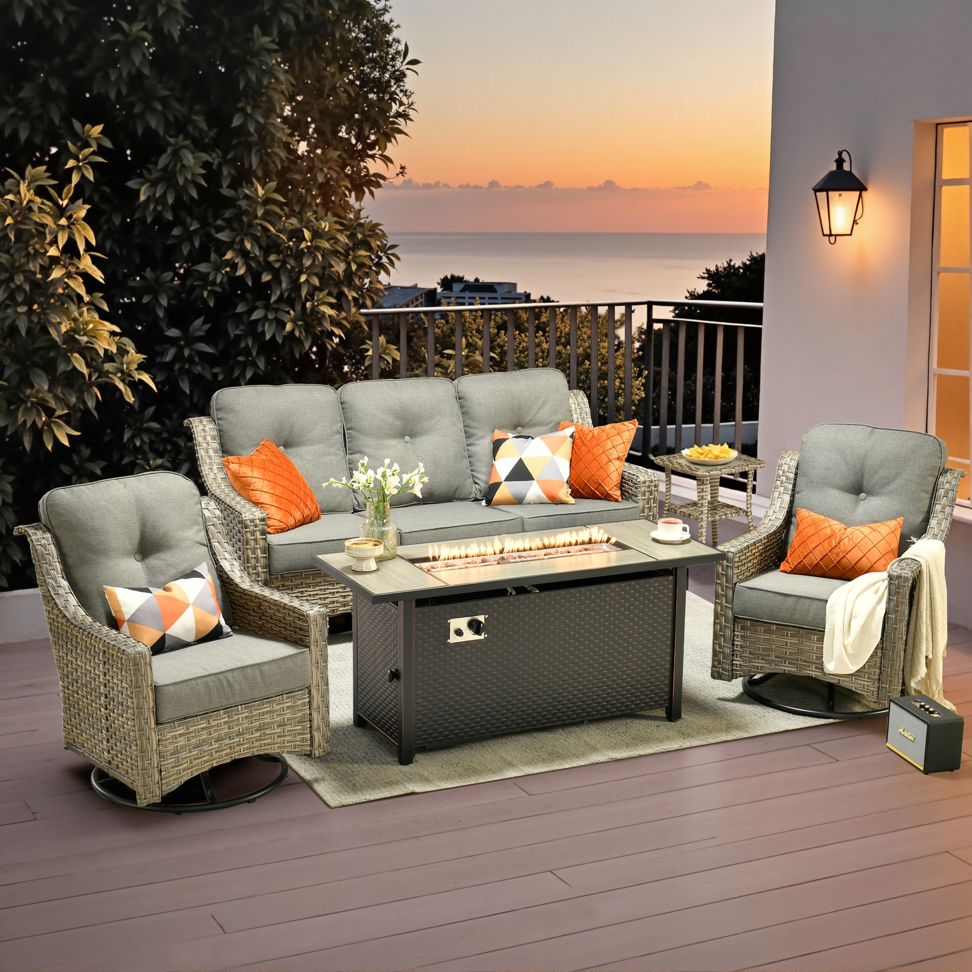 weaxty HMBCFP8503PADYZ5S2 Aireno 5 -Piece Wicker Patio Sofa Conversation Set with Gray Cushions