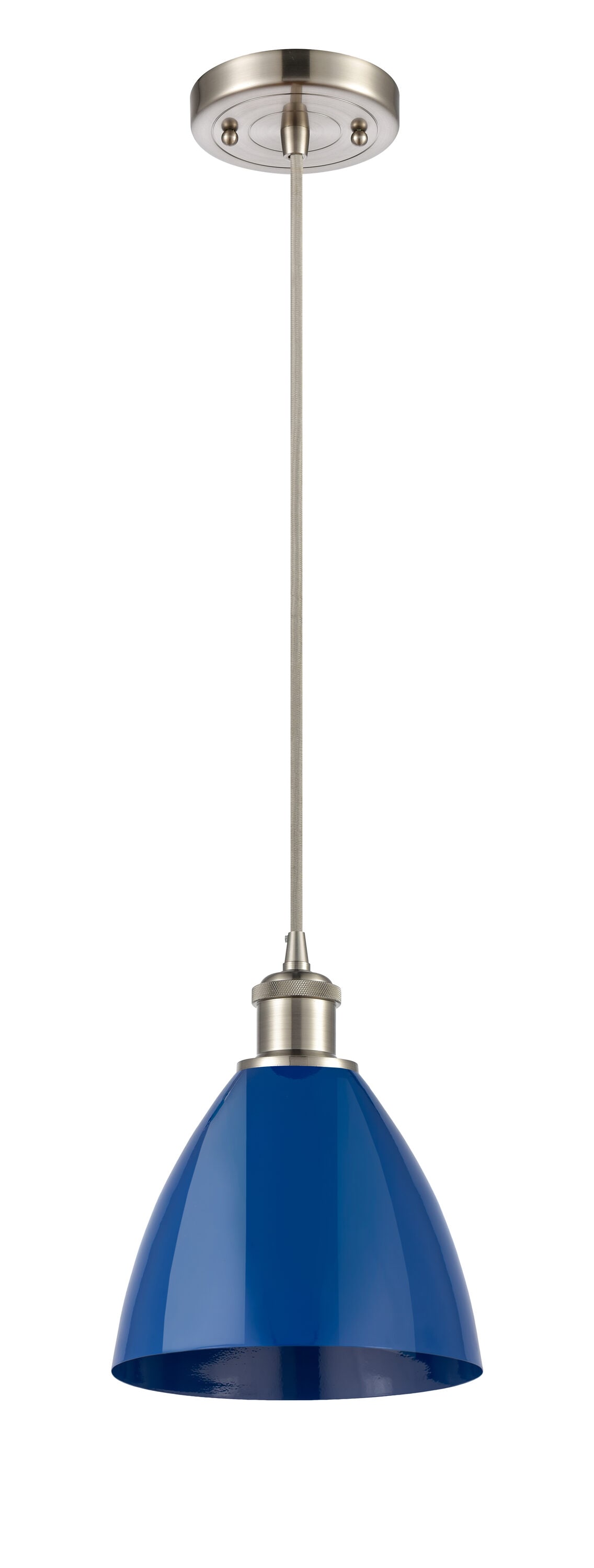 Innovations Lighting Plymouth Dome 1 -Light Brushed Satin Nickel, Blue Industrial Metal Cone Small Outdoor Hanging Pendant Light