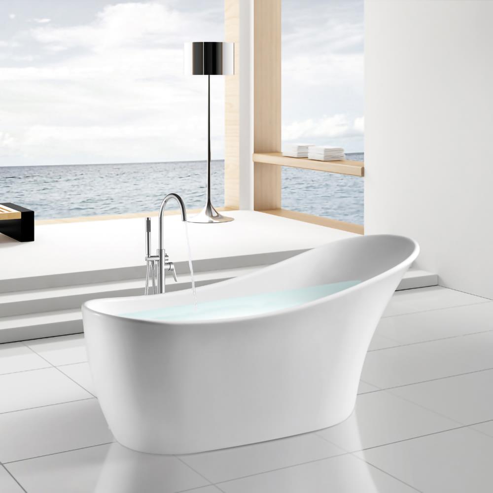 AKDY BT0125 Freestanding Bathtub 28.3-in x 59.1-in Glossy white Acrylic Oval Freestanding Soaking bathtub with Drain ( Back center Drain )