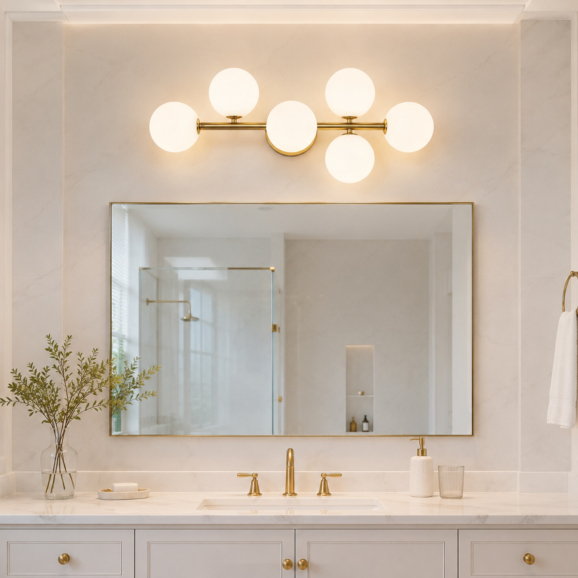 RCCFBHM 27.56-In 5 Light Gold Bathroom Vanity Light Mid Century Modern Wall Sconce 3CCT Dimmable LED Semi Flush Mount Light Fixture Milk Glass Globe Shades