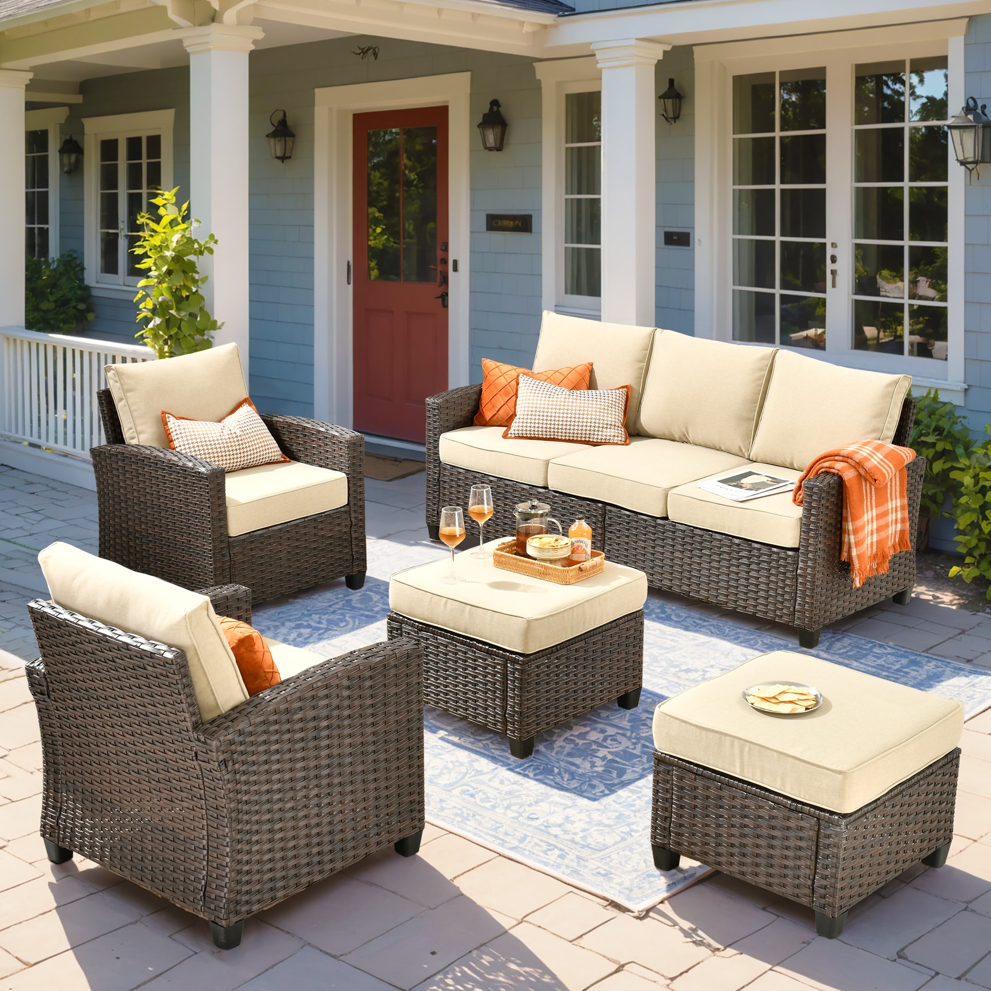 Caodoc L5-PRS601-1 PRS Rattan Outdoor Sectional with Beige Cushions and Rattan Frame