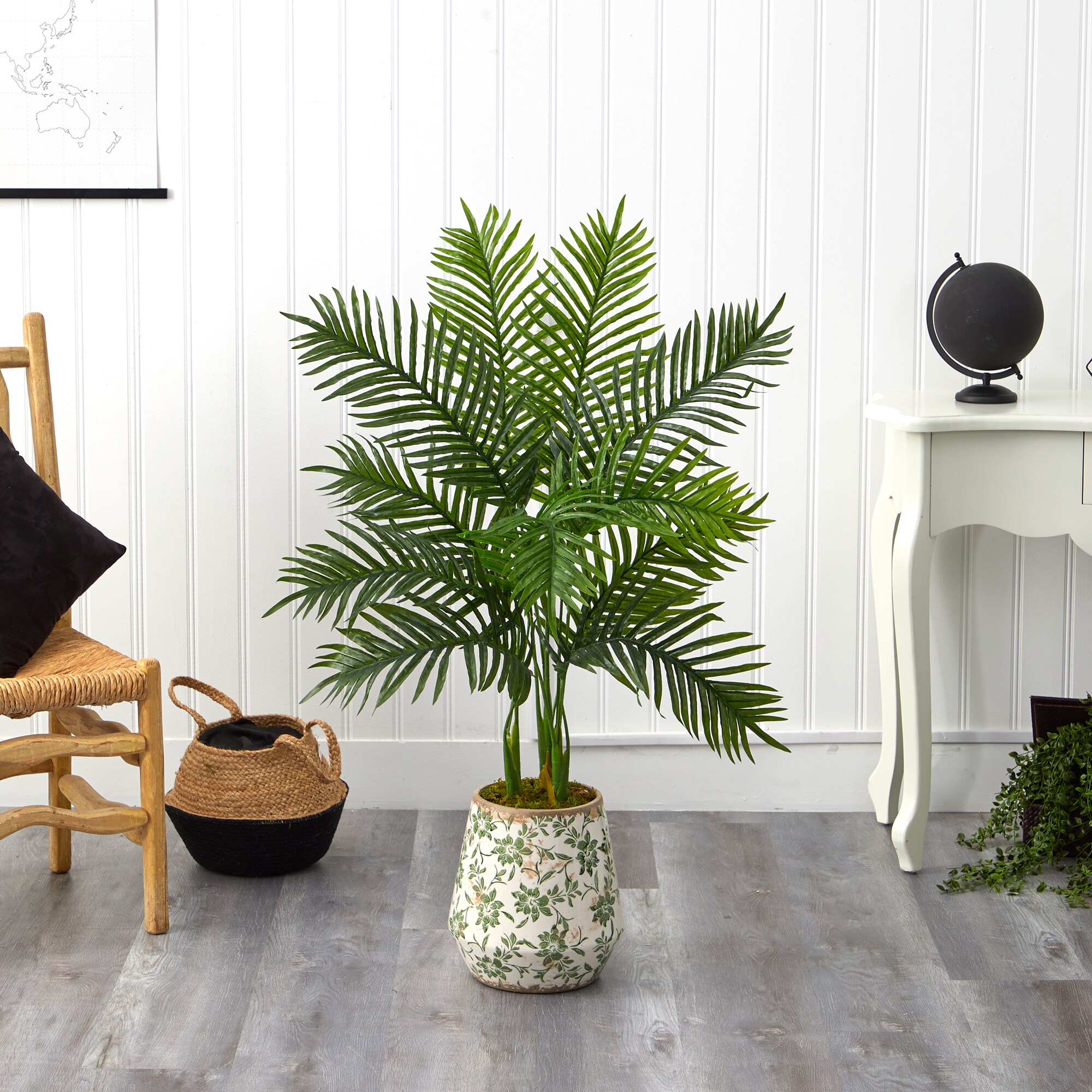 Nearly Natural 46-in Areca Palm Artificial Tree in Floral Print Planter ...