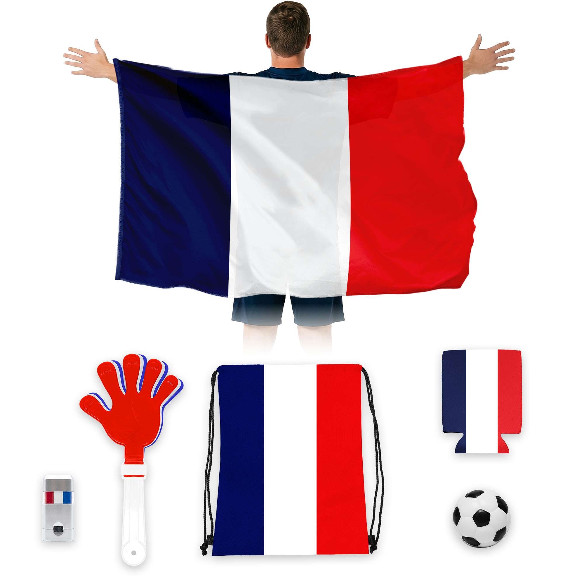 G128 France World Soccer Cup 2026 Indoor/Outdoor Polyester Fan Kit Party Favor Set with Koozie