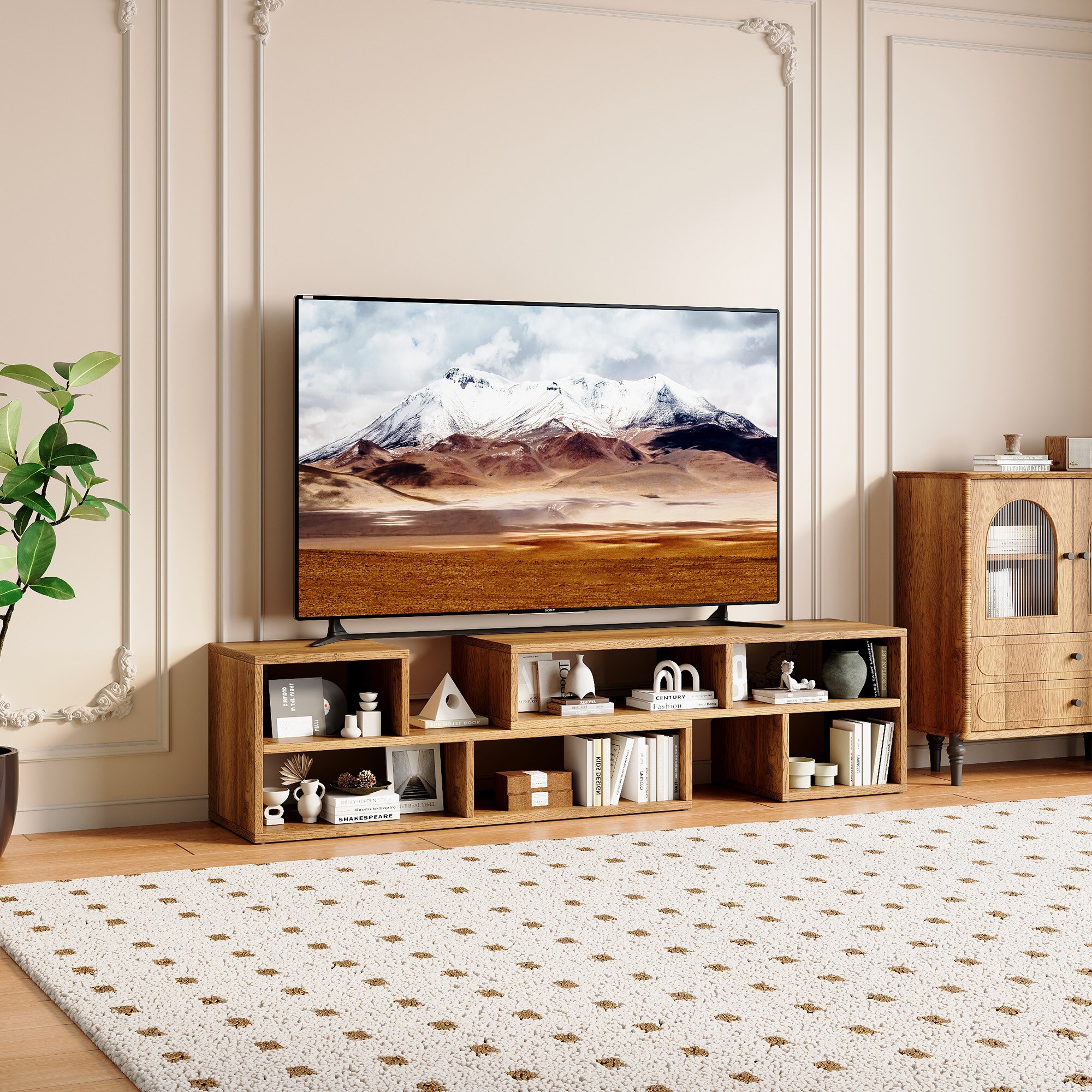 JUSHUA Modular Extendable TV Stand Rustic Wood Media Console with Open Storage Cubbies Freestyle Combination Entertainment Center Adjustable TV Cabinet for Living Room Bedroom Apartment