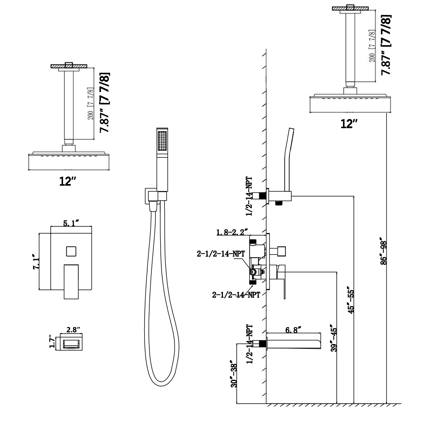 Clihome CHMS-12MB-A3809 Showerhead-Bar-Panels - View #9