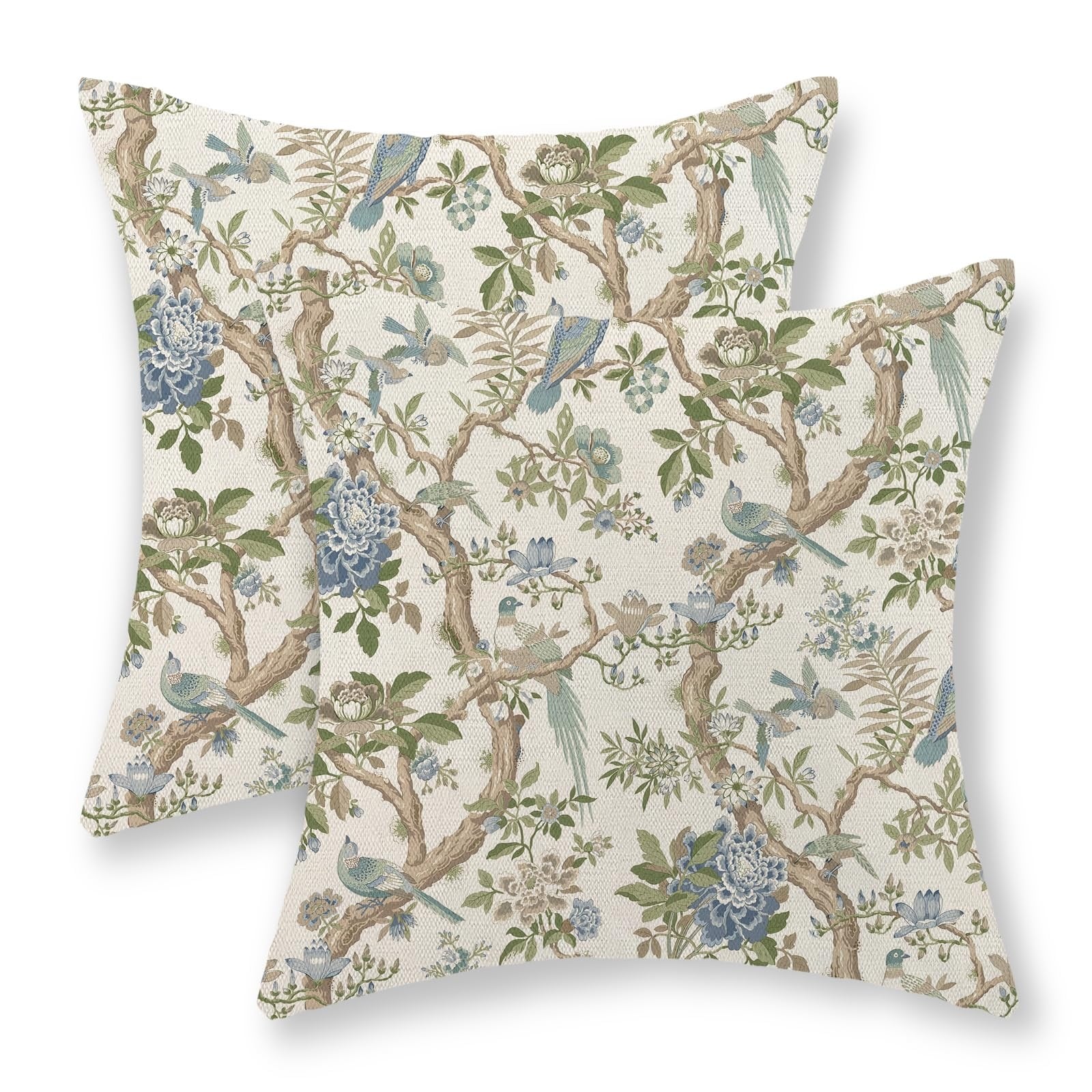 Justincity  Blue Green Floral Bird Pillow Covers Set of 2 Linen 24 x 24 Inch Chinoiserie Vintage Flowers Decorative Cushion Cases for Couch S