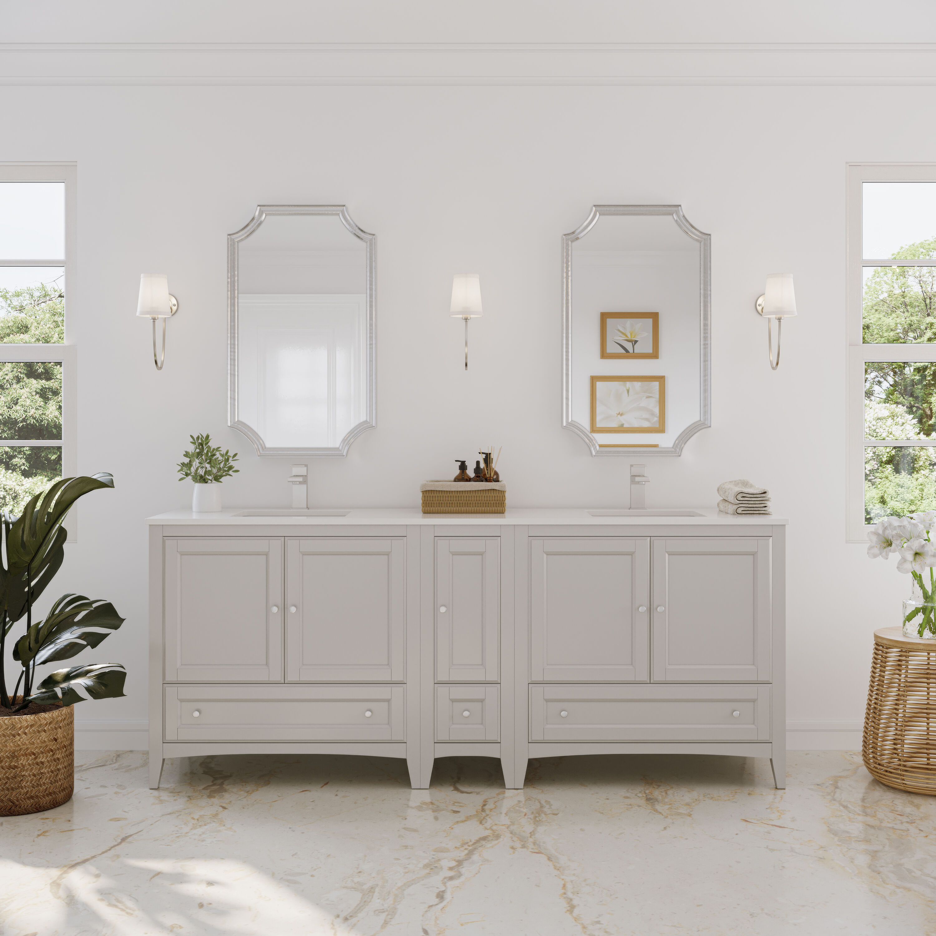 Fresca FCB20-301230AW-CWH-U Oxford 72-in Antique White Undermount Double sink Bathroom Vanity with White Quartz Top