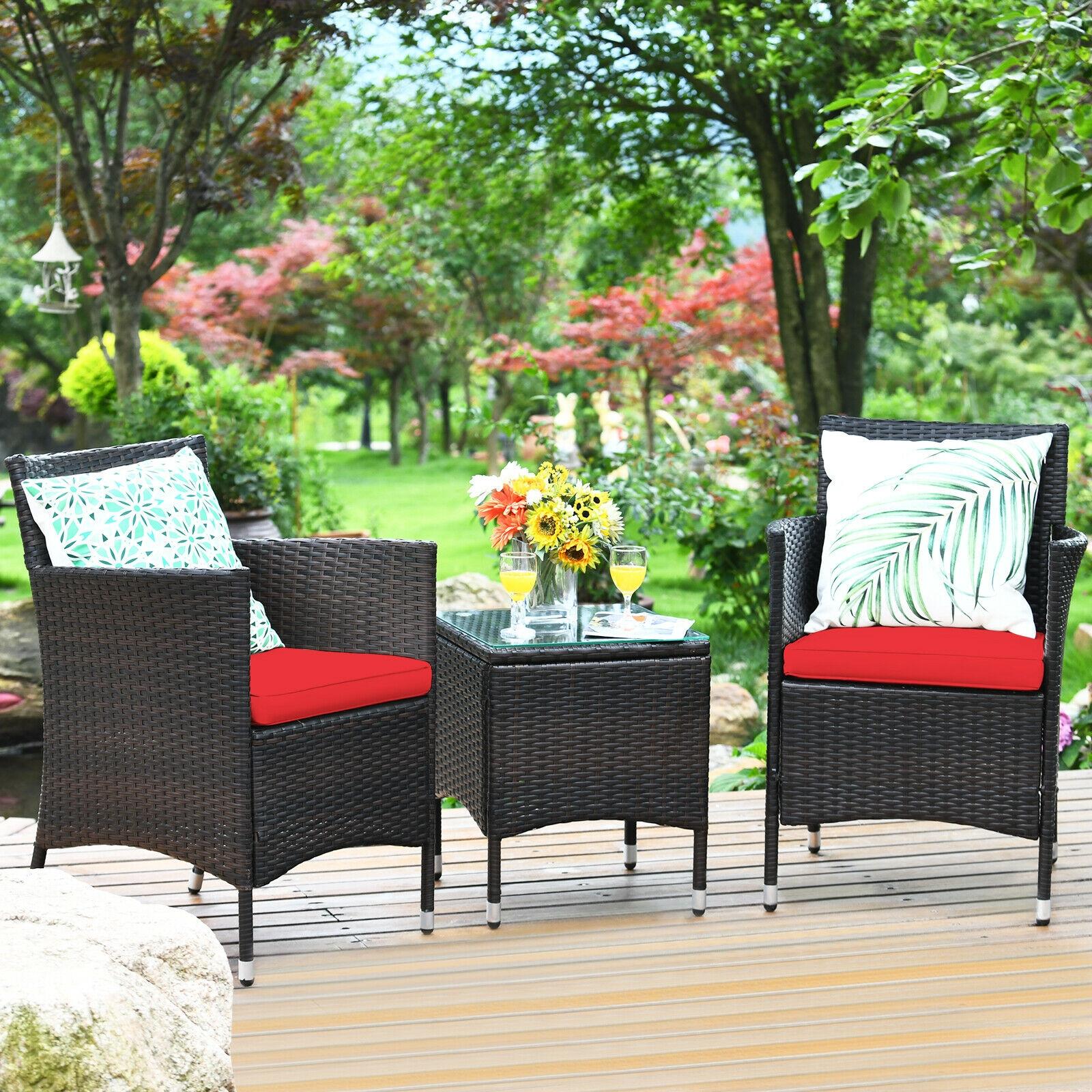 BABOOM BOM-3850RE-CO Patio Furniture Set 3 -Piece Rattan Patio Conversation Set with Red Cushions