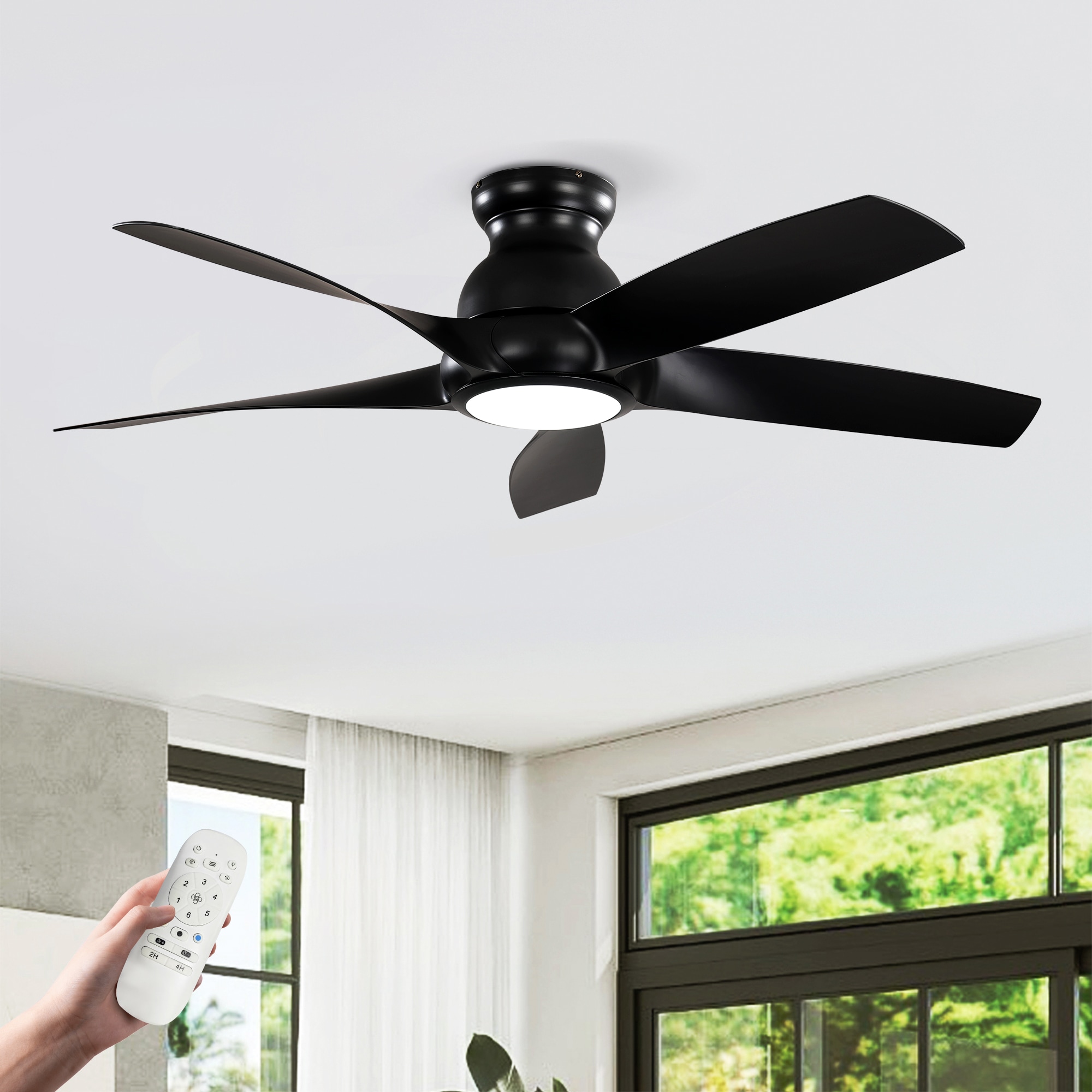 YOTOO 56 Inch Flush Mount Ceiling Fan with Light 5 Matte Black ABS Blades DC Reversible Quiet Motor 6 Speed Remote Control 3 Color LED for Bedroom Living Room