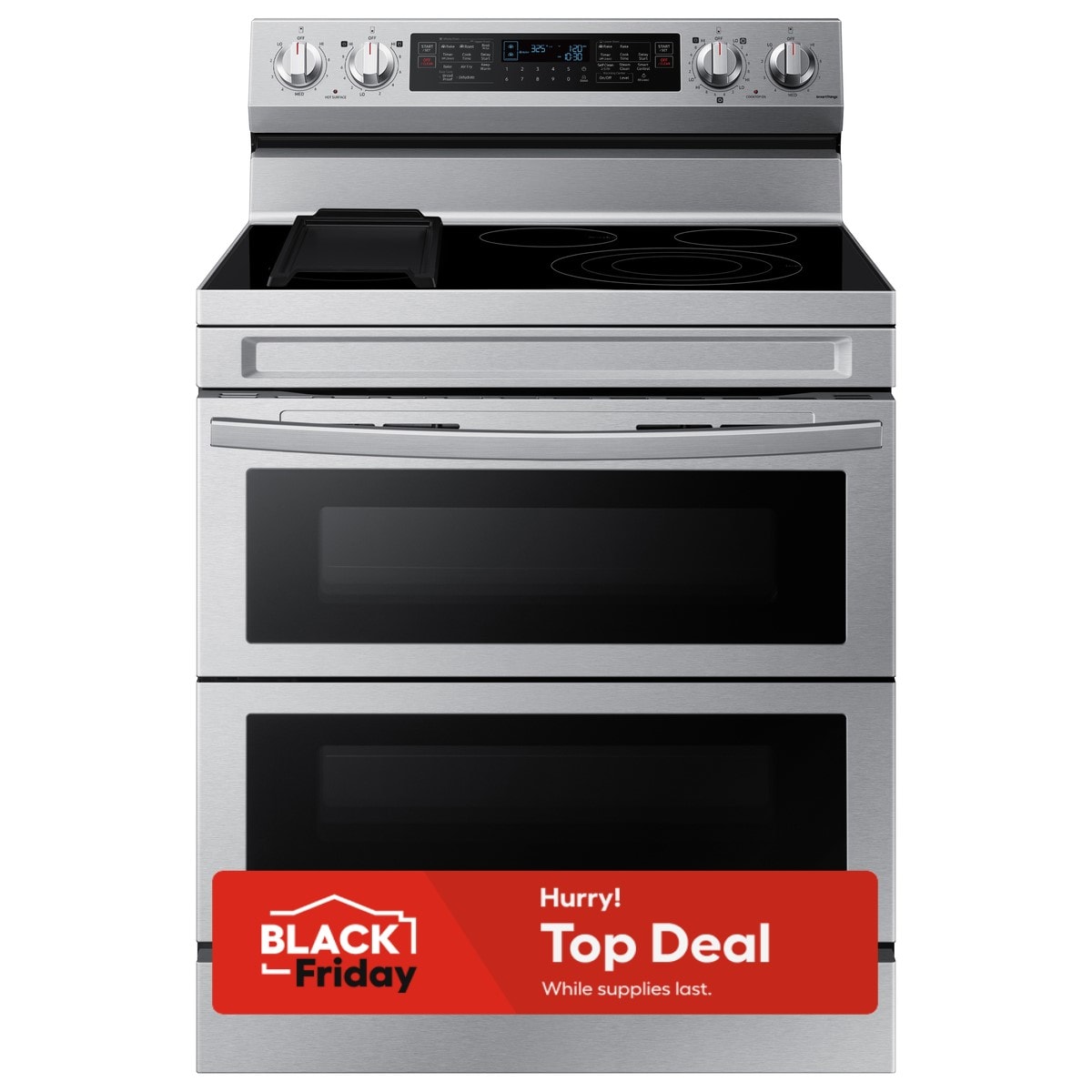 Samsung 30-in Glass Top 5 Burners 3.4-cu ft / 2.7-cu ft Self & Steam Cleaning Air Fry Convection Oven Freestanding Smart Double Oven Electric Range (Fingerprint Resistant Stainless Steel)