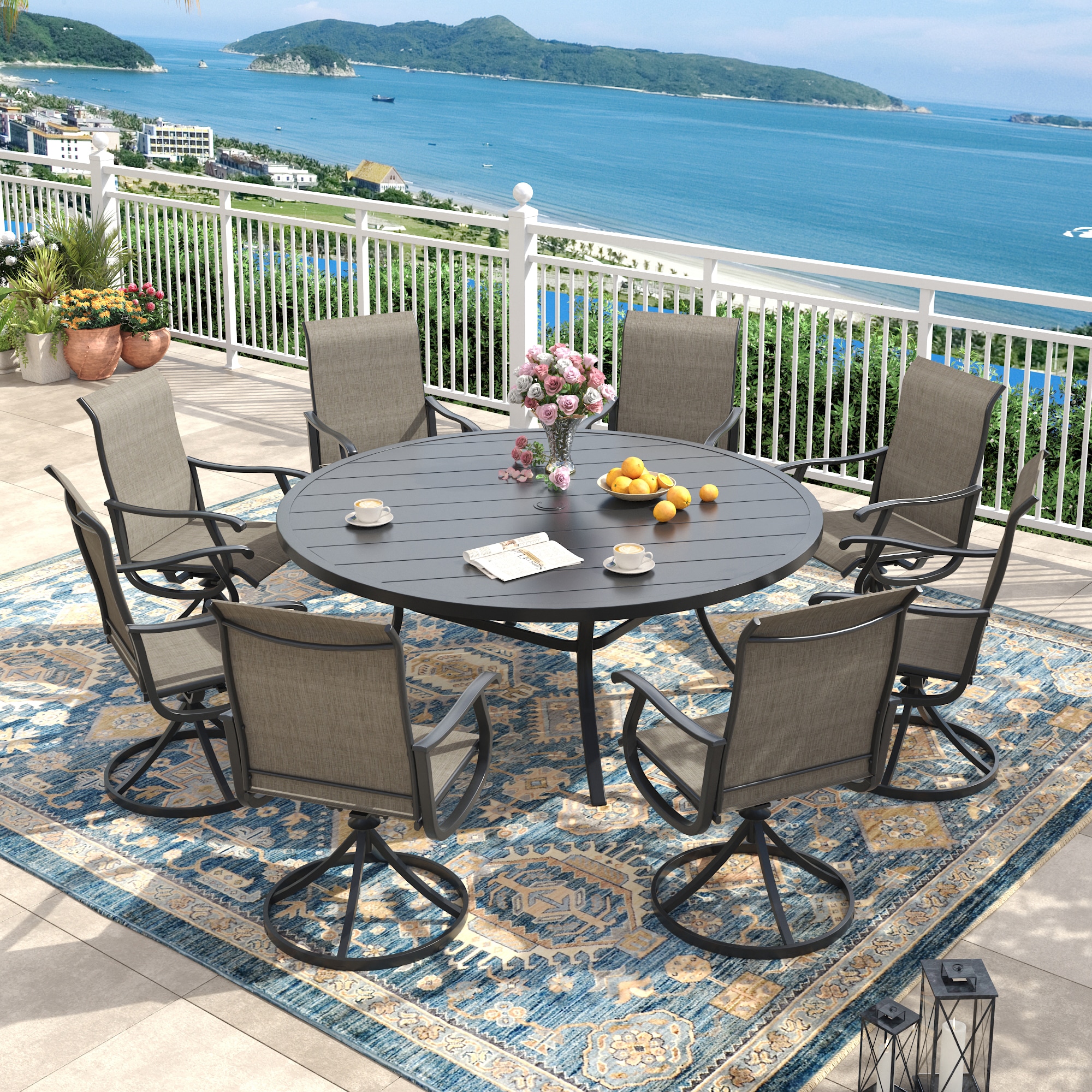 VICLLAX Outdoor Round Table and Chairs 9 -Piece Black Patio Dining Set Steel Round Table with 8 ...