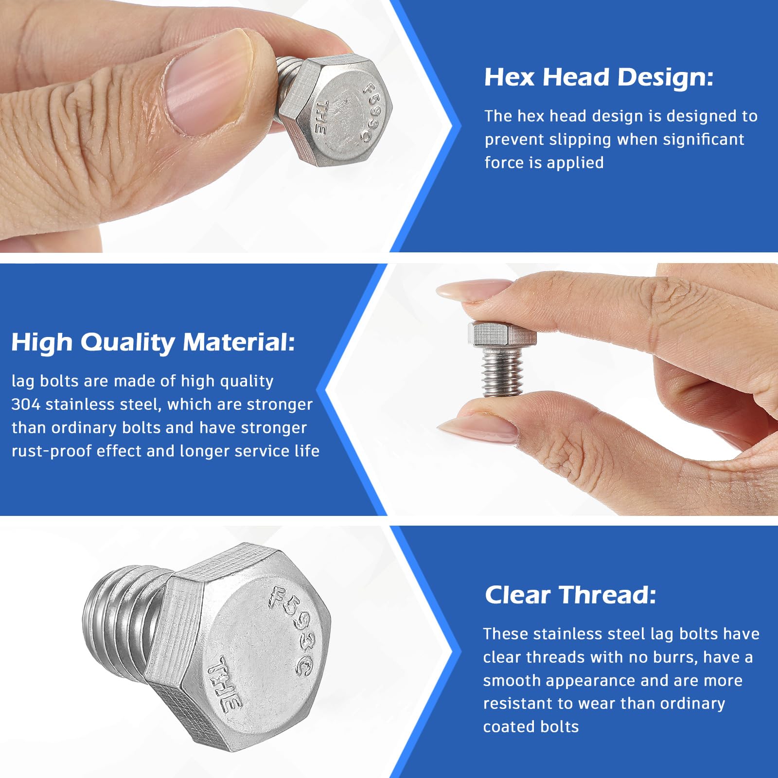 Phyfalip 50-Pack 3/8-16 x 1/2 Inch Hex Head Screw Bolts 18-8 (304 ...