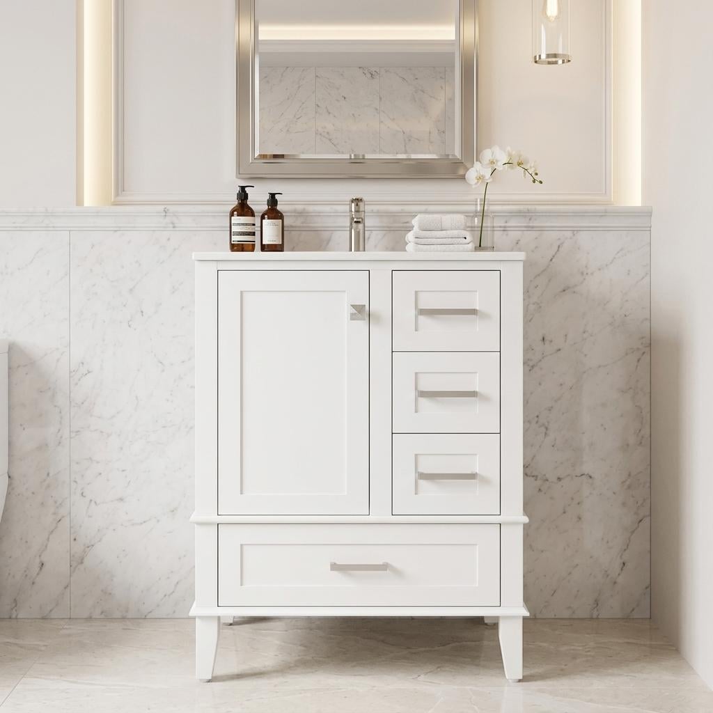 Homy Casa - 24.8-in W White Bathroom Vanity with Soft Close Drawers Ceramic Sink Space-Saving Sto...