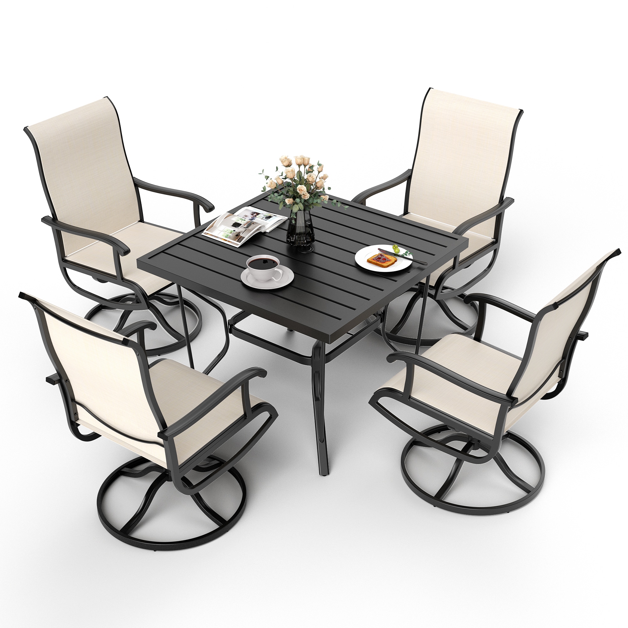 PamaPic TS-CZ-ZY-5JT-B-WL1 5 -Piece Black Patio Dining Set Iron Square Table with 4 Brown Swivel Chairs