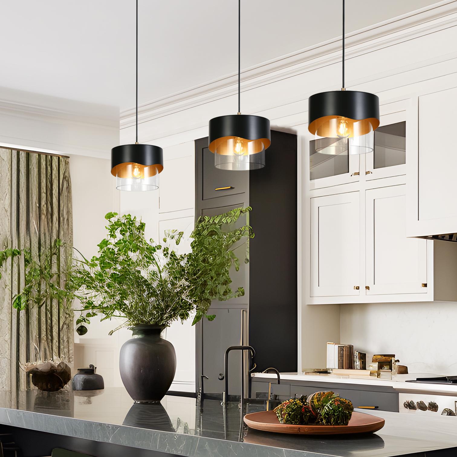 ZEVNI Noirlux 1 -Light Matte Black and Brass Gold Chandelier Farmhouse Clear glass Drum Medium Hanging Kitchen island light