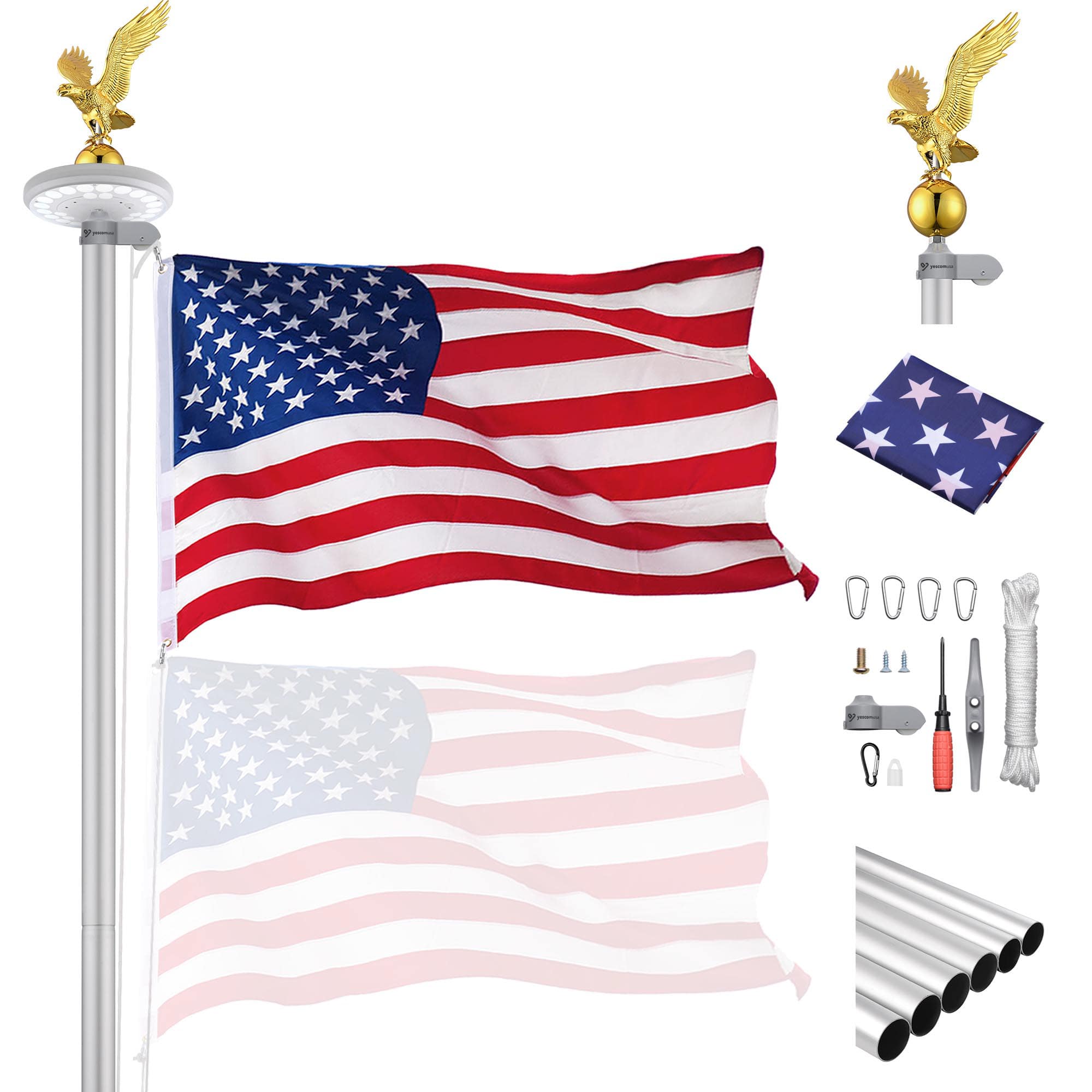 Yescom 22FLPSET043-20-11-LO Bravery 20Ft Eagle Topper In Ground Flag Pole for Outside House with 26 LED Solar Light Silver