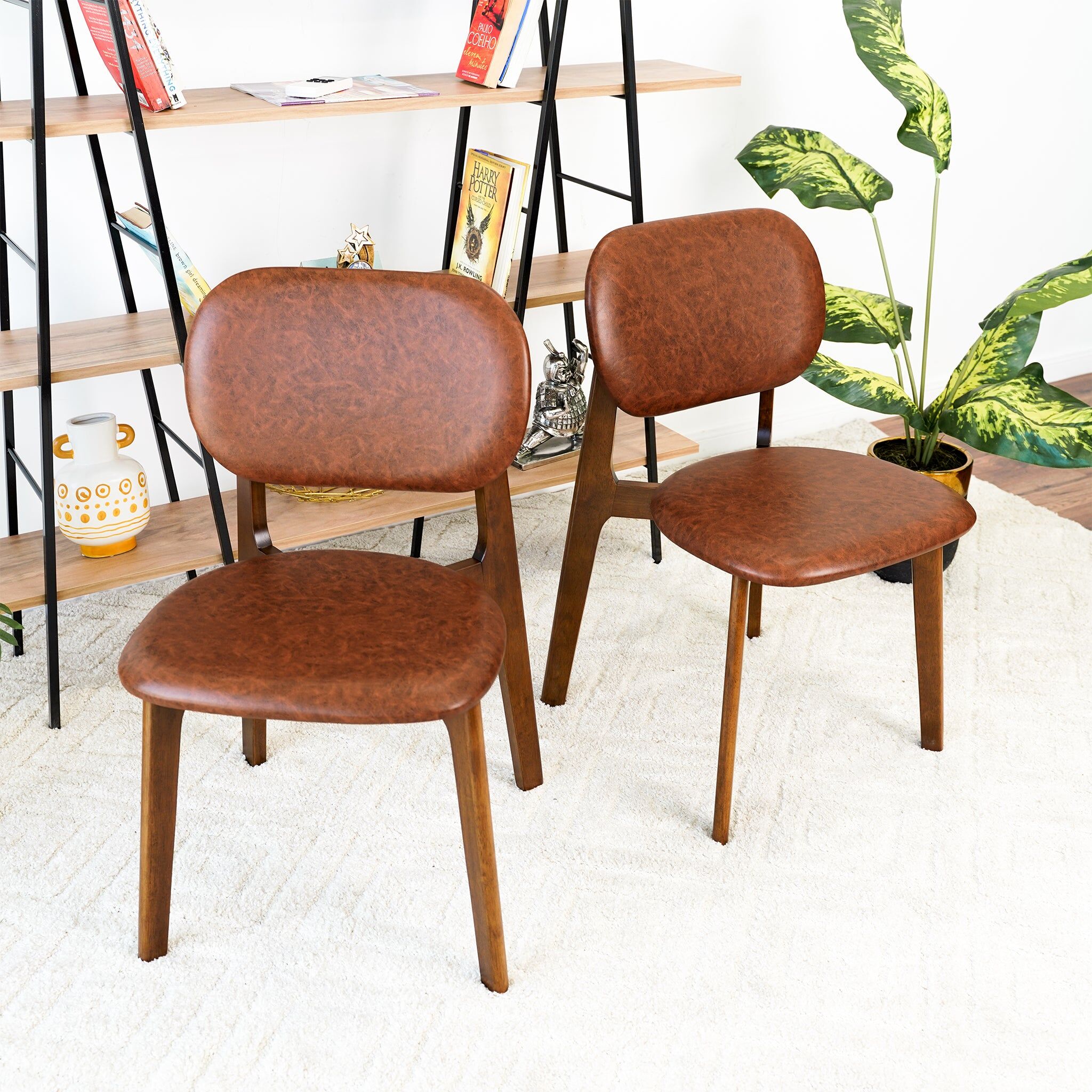 GDFStudio - Kelsey Mid Century Faux Leather Dining Chair Solid Wood Frame Dining Chair - Brown (S...