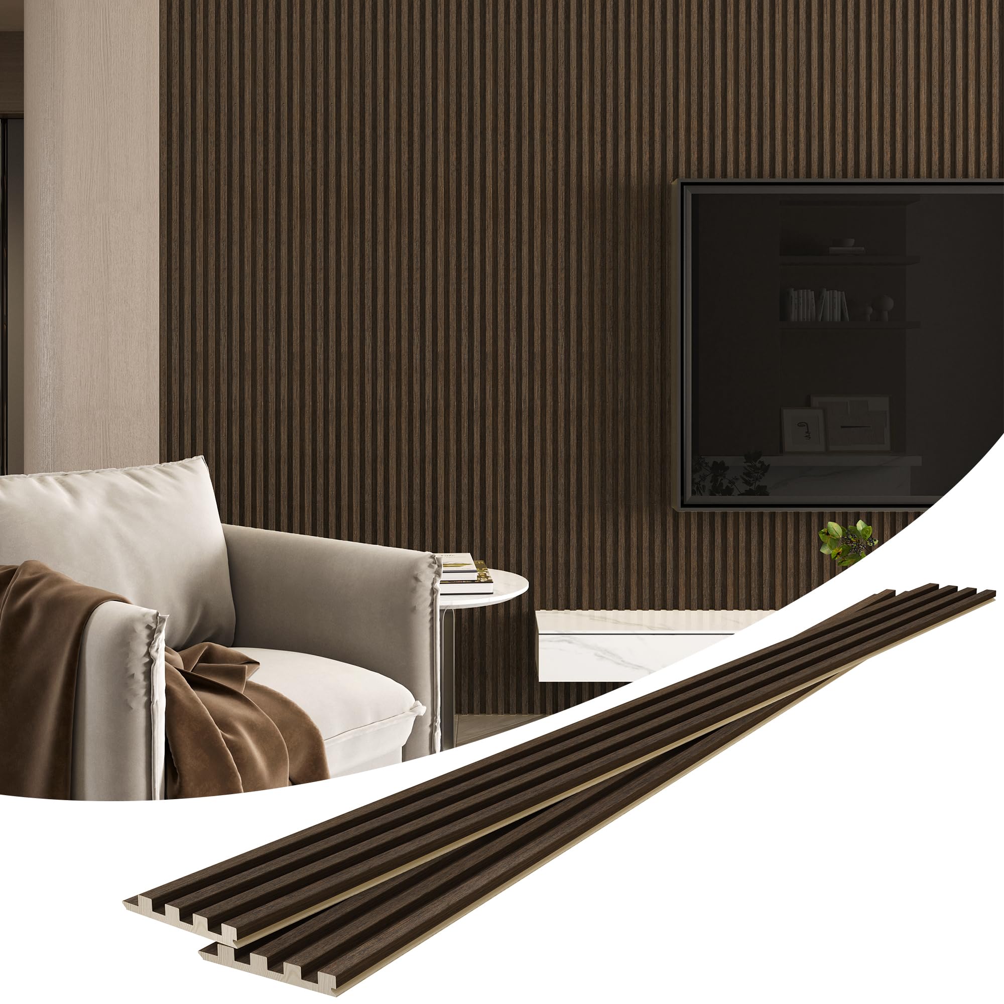 LOVMOR 4 Packs 94.5 in. Solid Wood Panels for Wall Acoustic Wood Slat Wall Panels for TV Background Living Room in Smoking Walnut #SF-Y-GSB-SM-S