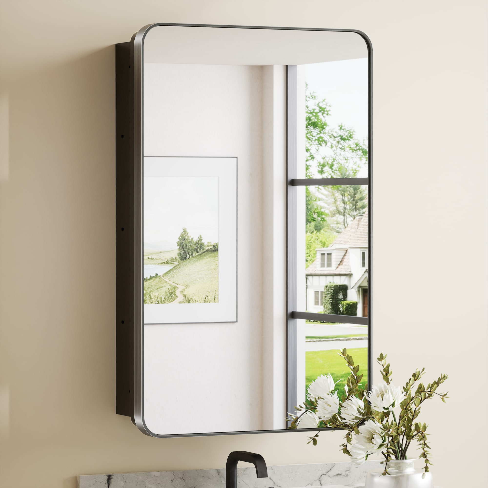Keonjinn LW-JSKJG-YJ-5181BK 20-in x 32-in Surface/Recessed Mount Black Mirrored Rectangle Soft Close Medicine Cabinet