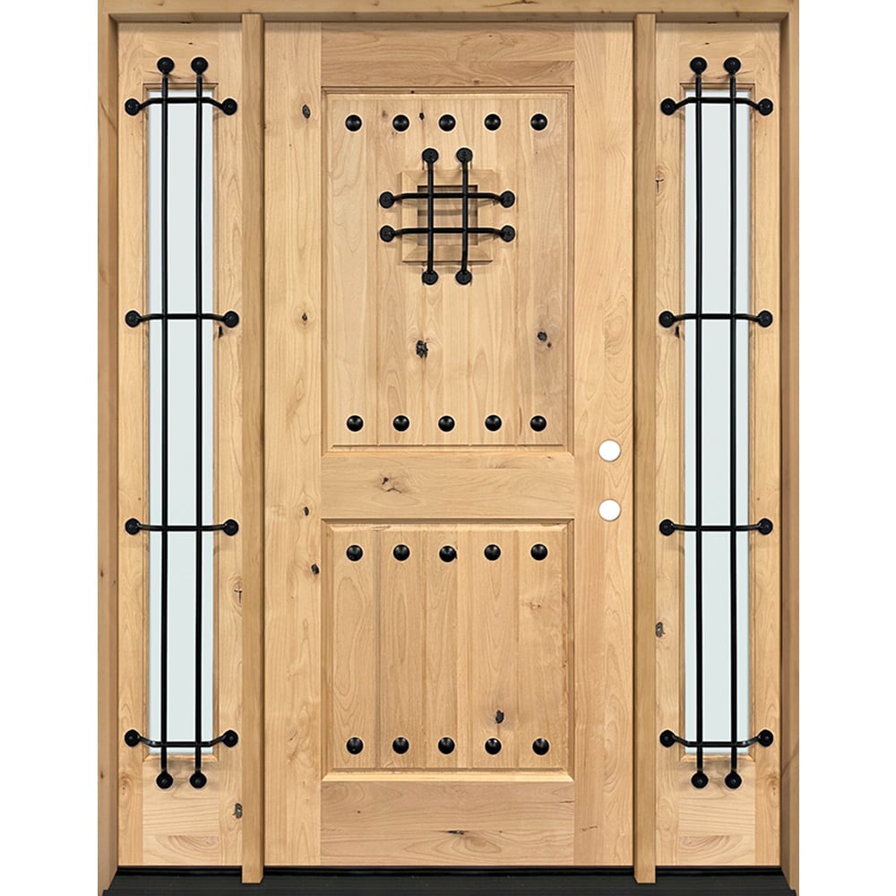 Greatview Doors UK553SL3612L 62-in x 80-in x 4-9/16-in Wood Full lite Left-hand inswing Knotty Alder Unfinished Prehung Front Door with Sidelights Solid core