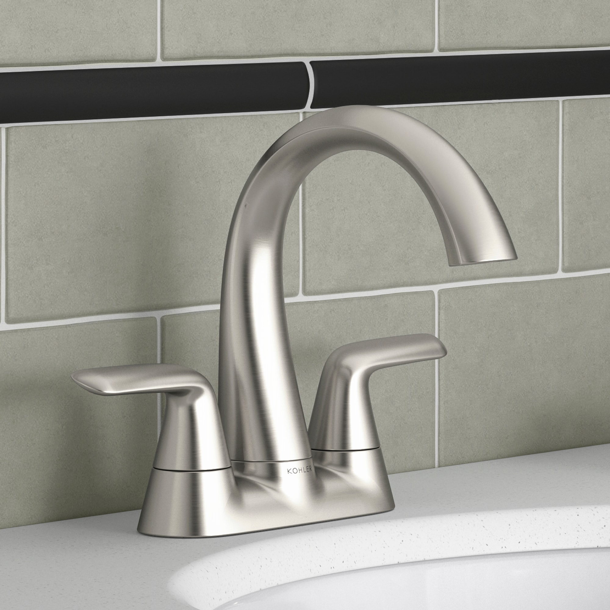 KOHLER K-R33047-4D-BN Avail Vibrant Brushed Nickel 4-in centerset 2-handle WaterSense Mid-arc Residential Handle Bathroom Sink Faucet with Drain
