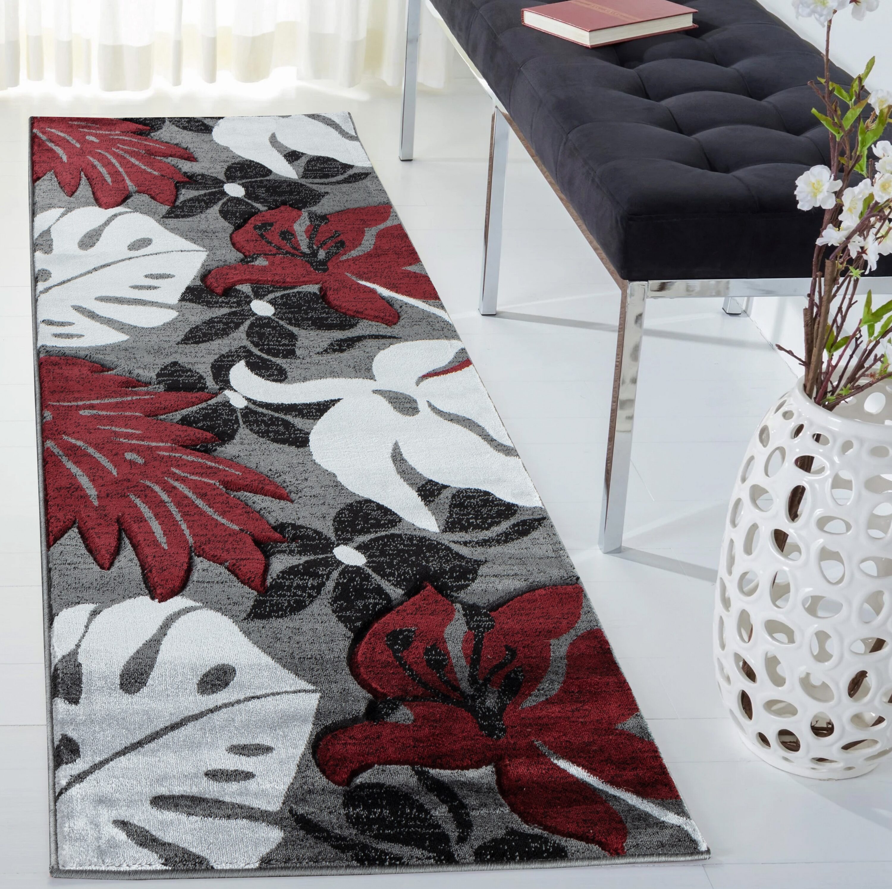 MDA Rugs GM0528 Glamour 2 x 8 (ft) Polypropylene Gray/Red Rectangular Indoor Floral Runner