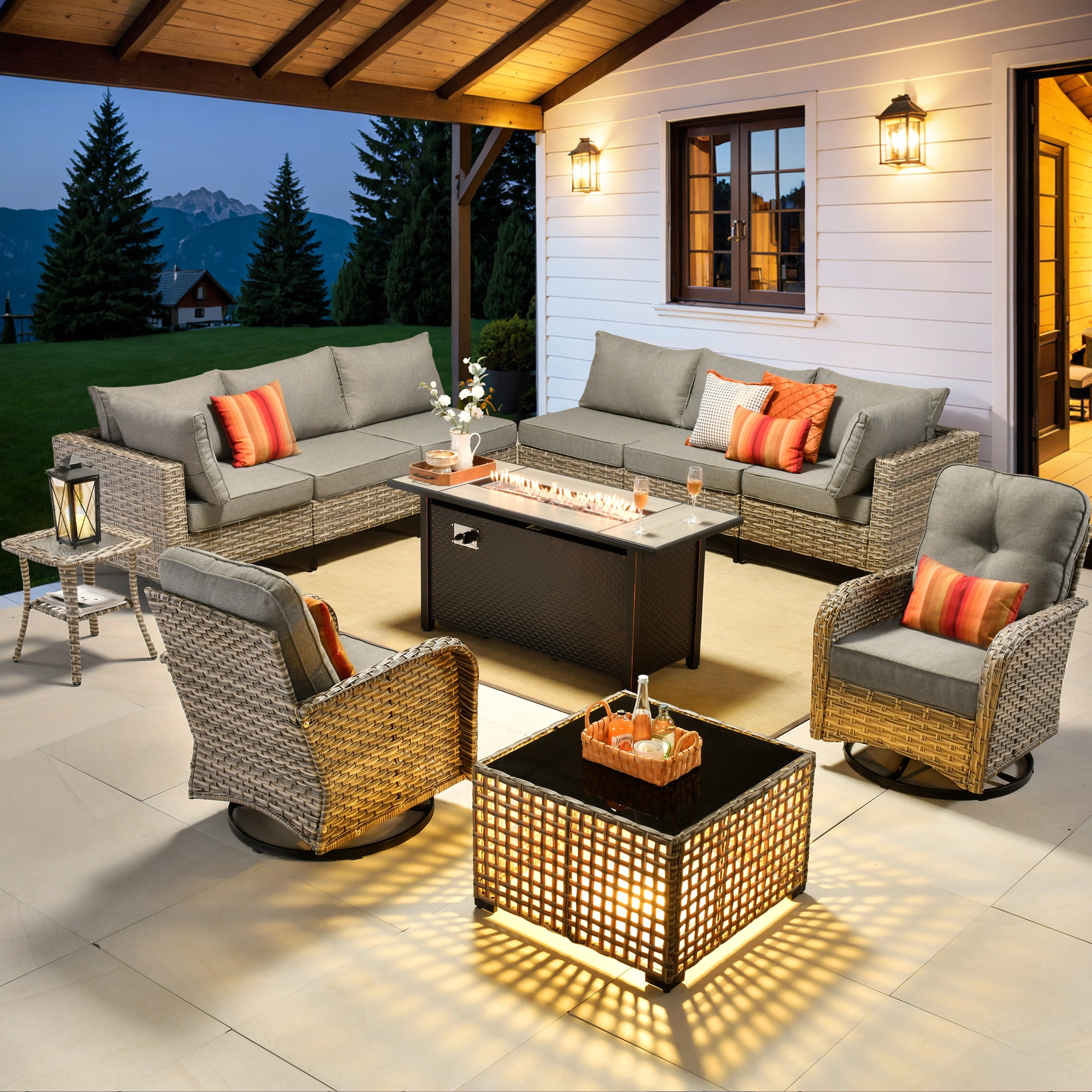 Ovios RFP5SK200YV 11 -Piece Wicker Patio Conversation Set with Dark Gray Cushions
