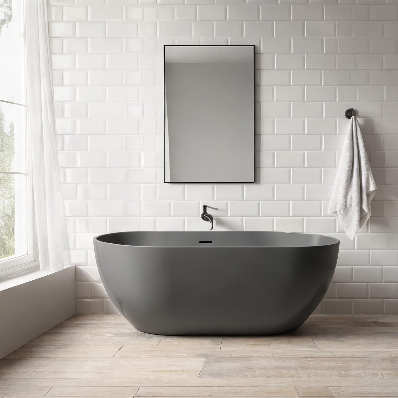 BBabe Solid Surface Soaking Freestanding Bathtub in Cool Gray - 59-Inch ...