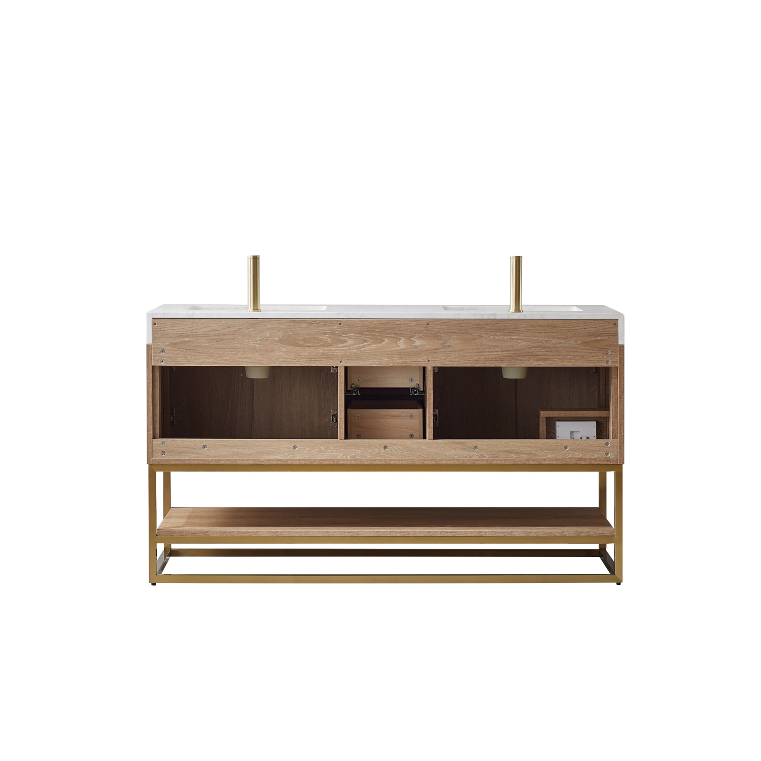 Alistair 60" Oak Double Vanity with White Stone Top and Brushed Gold Trim
