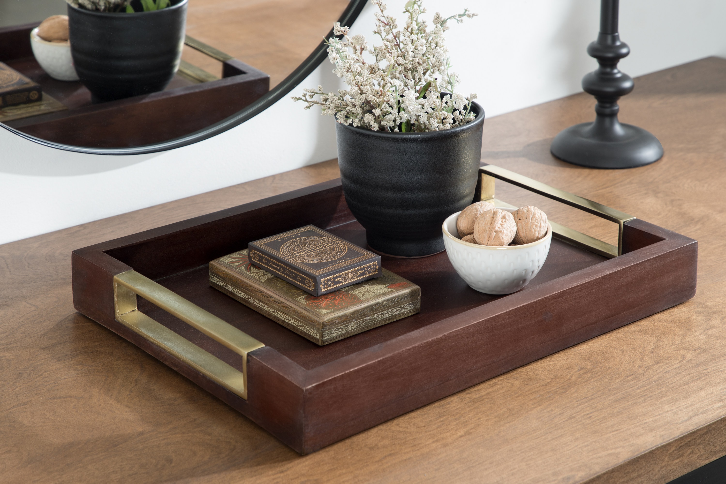 Heller Rectangular Espresso Finish Mango Wood Tray with Nickel-Plated Handles
