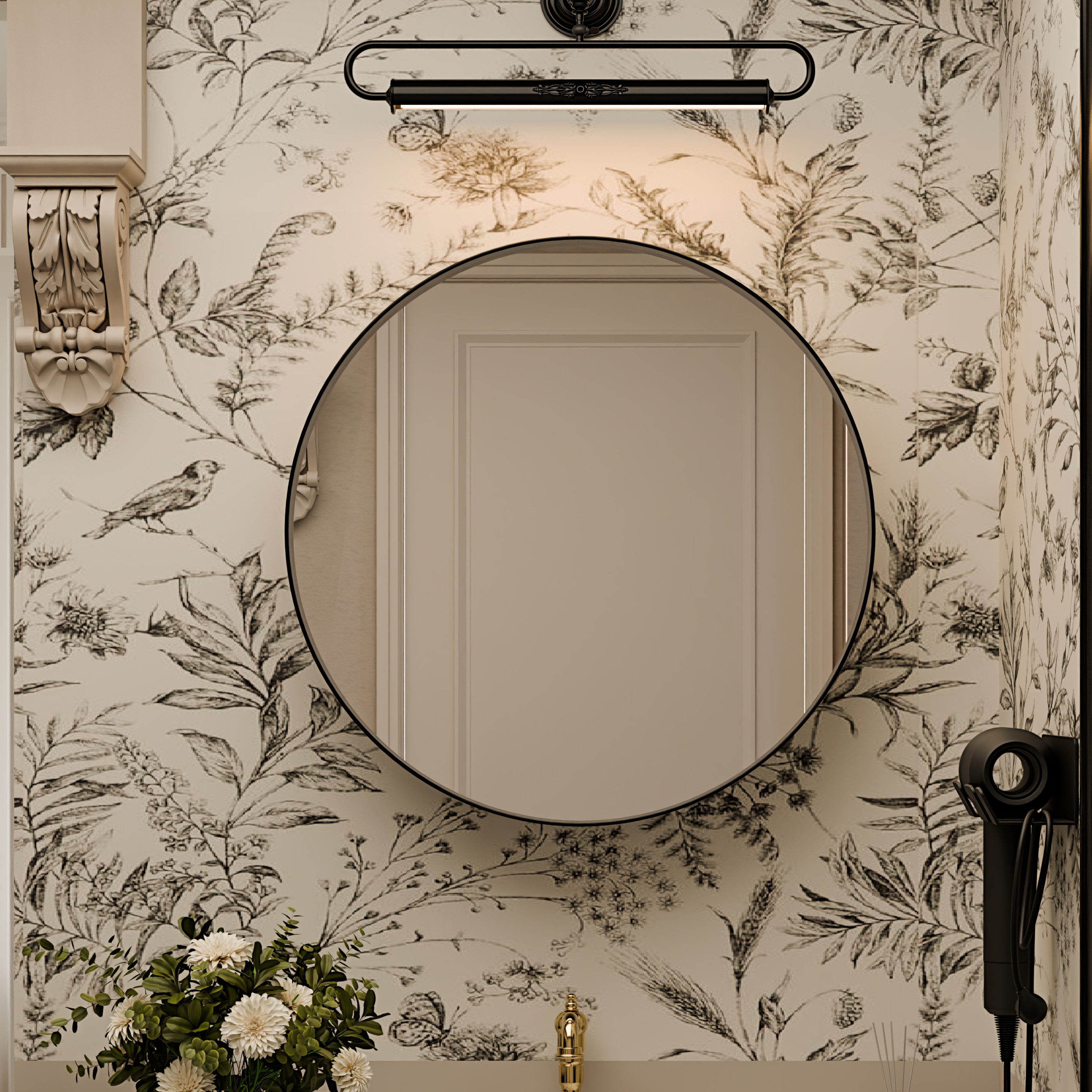 Tahanbath 23 3/5 Inch Surface Mount Round Metal Framed Medicine Cabinet with Mirror and Adjustable Shelves Black Wall Mirror with Storage for Bathroom Black