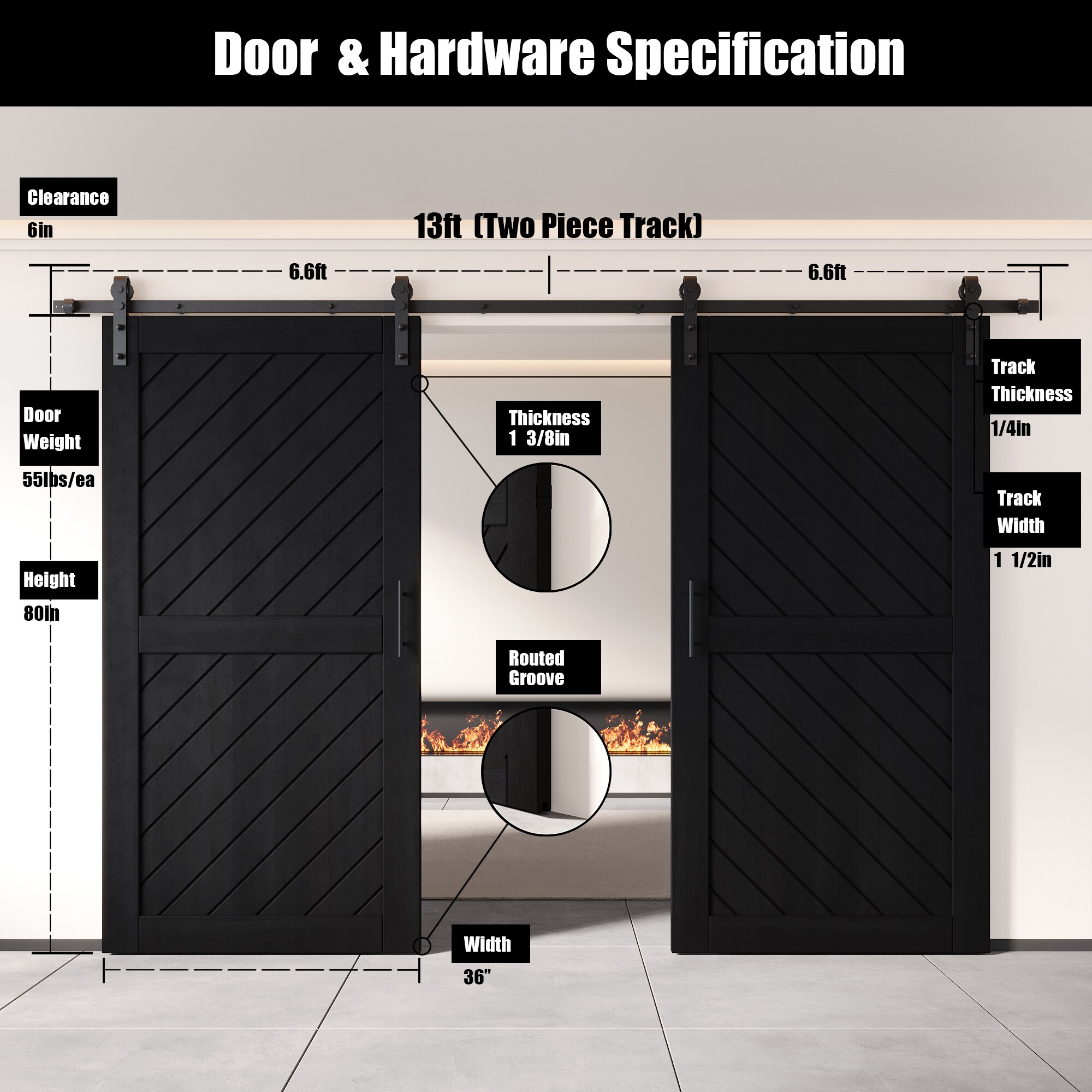 HOMACER YT2H156C-XT1-3680-BK Barn-Doors - View #2