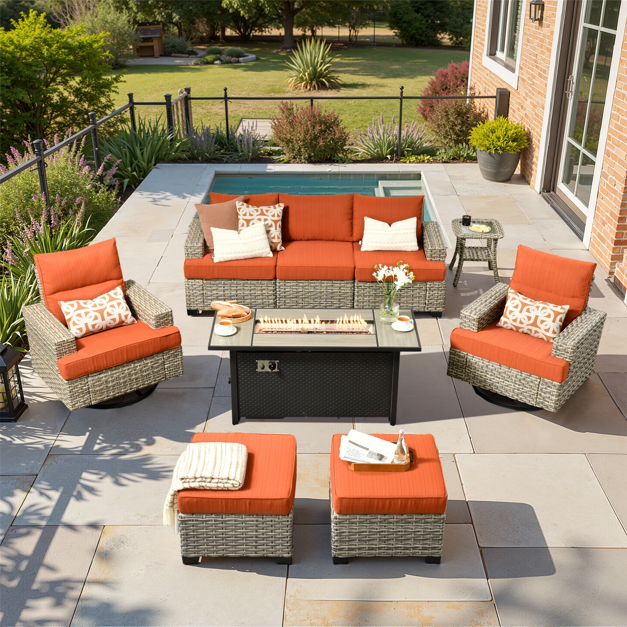 ALTRIGUS 6LCFP8503YZTBS809AL 9 -Piece Wicker Patio Sofa Conversation Set with Orange Cushions