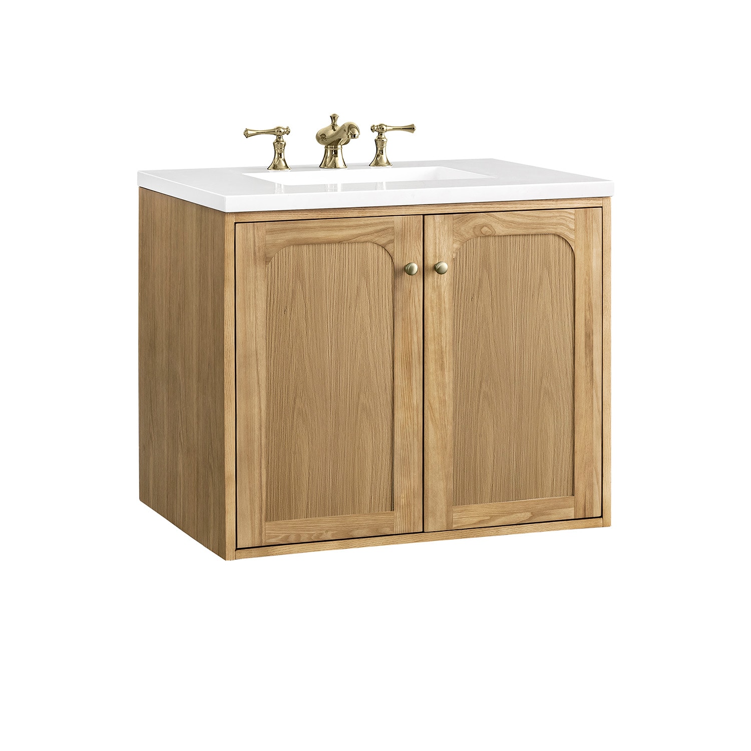 Light Natural Oak Wall-Mount Single Vanity with White Quartz Top