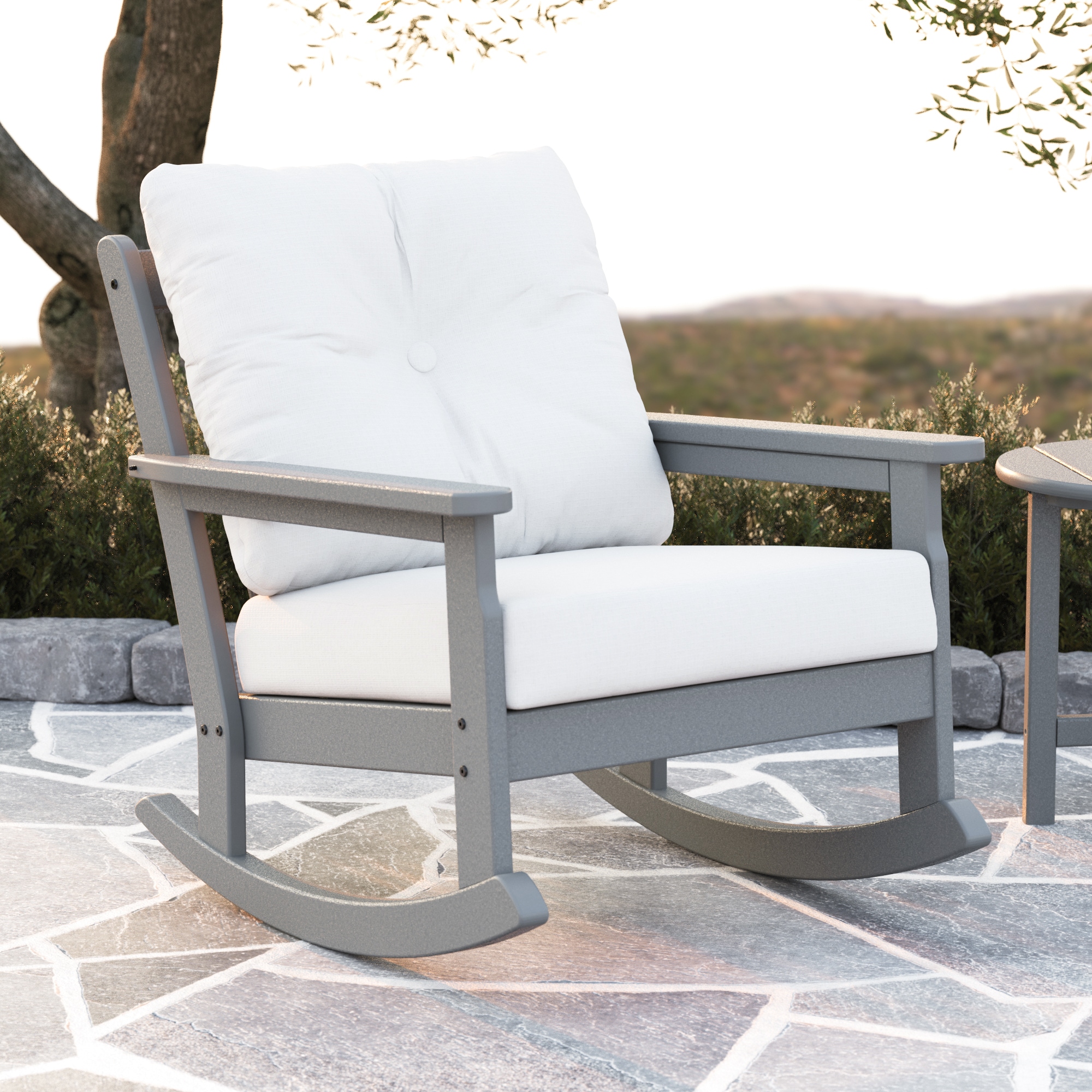 POLYWOOD GNR23GY-152939 Vineyard Slate Grey HDPE Frame Rocking Chair with White Revolution Slat Seat