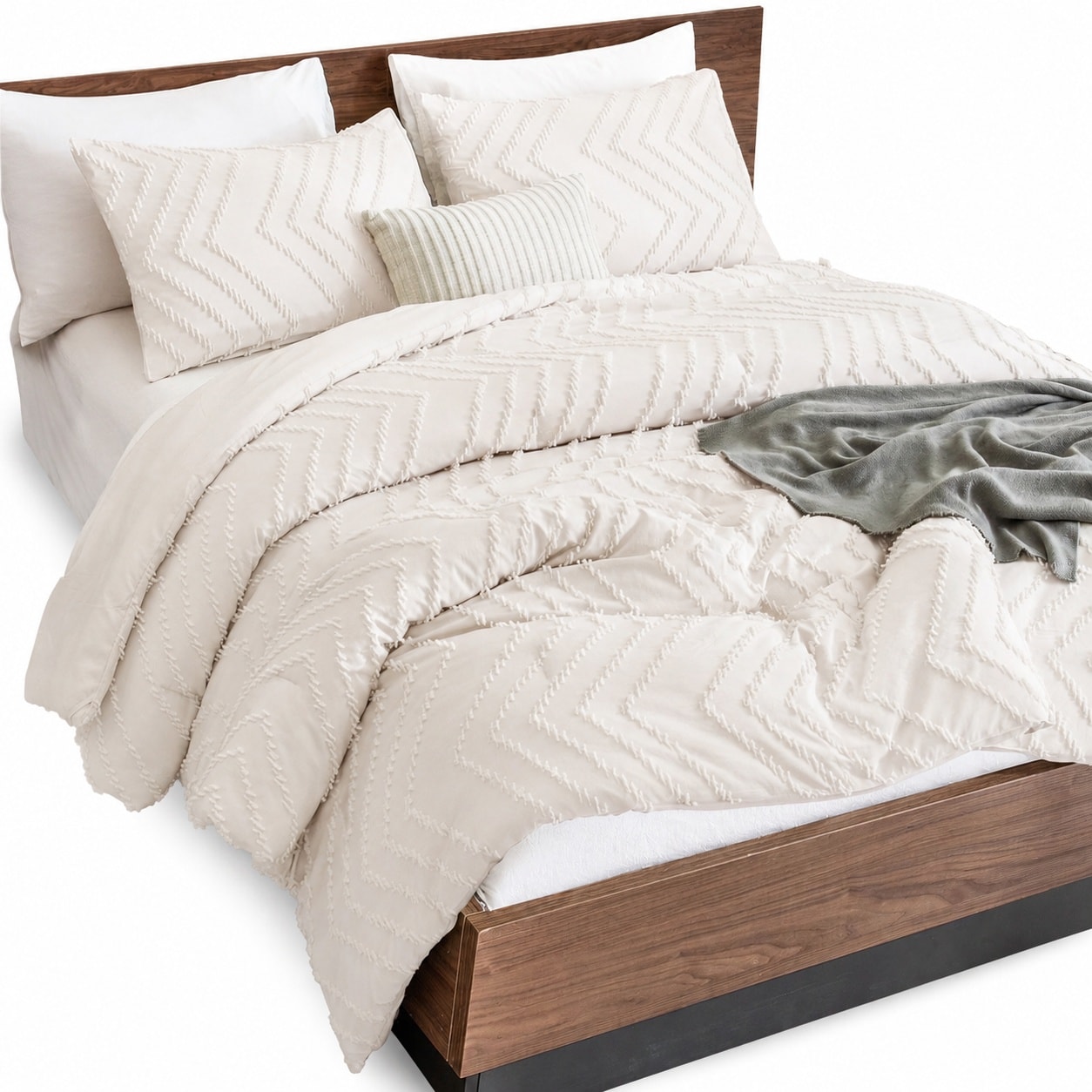 Etokfoks  Beige Bohemian Tufted Queen Comforter Set Soft Warm Textured Bedding Set 3 Pieces