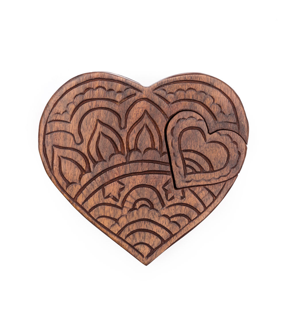 Matr Boomie Hearts Are One Hand-Carved Heart Puzzle Box - Indian Rosewood #AEH 332