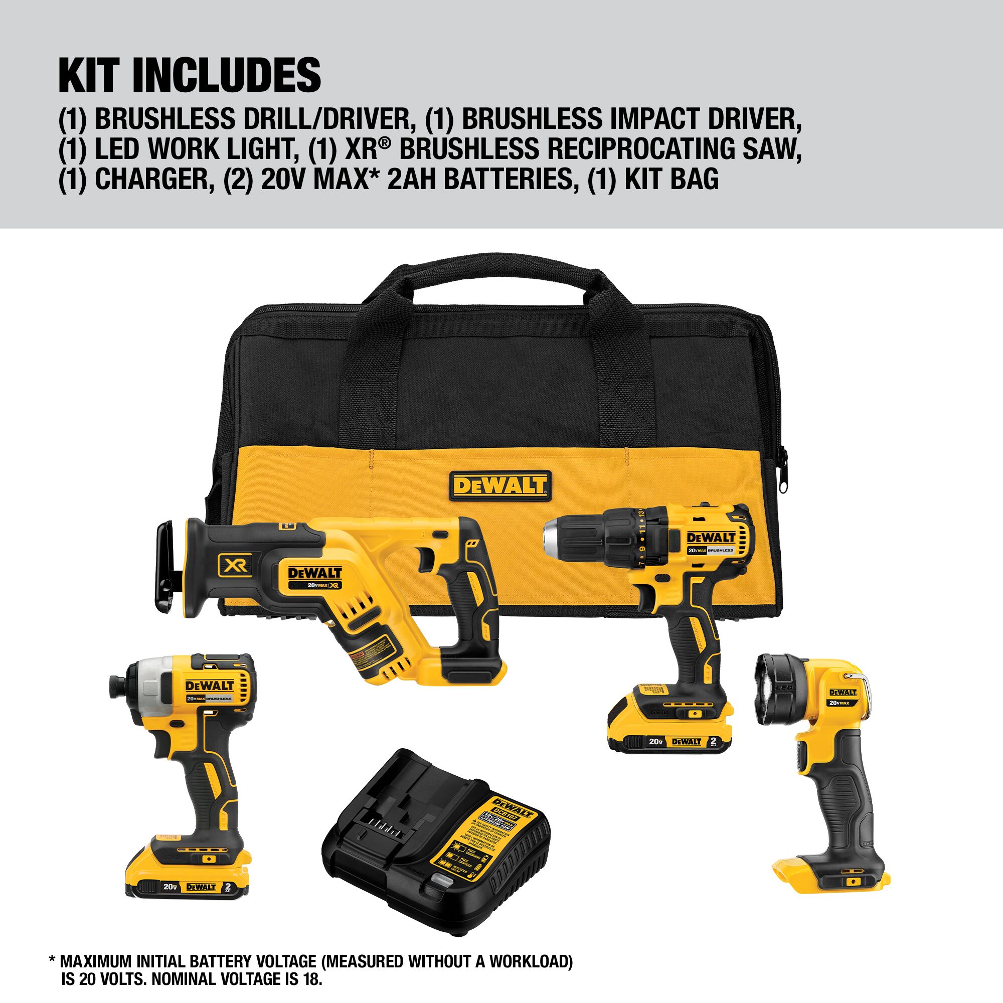 DEWALT 4-Tool 20-Volt Max Brushless Power Tool Combo Kit with Soft Case  (2-Batteries and charger Included) in the Power Tool Combo Kits department  at