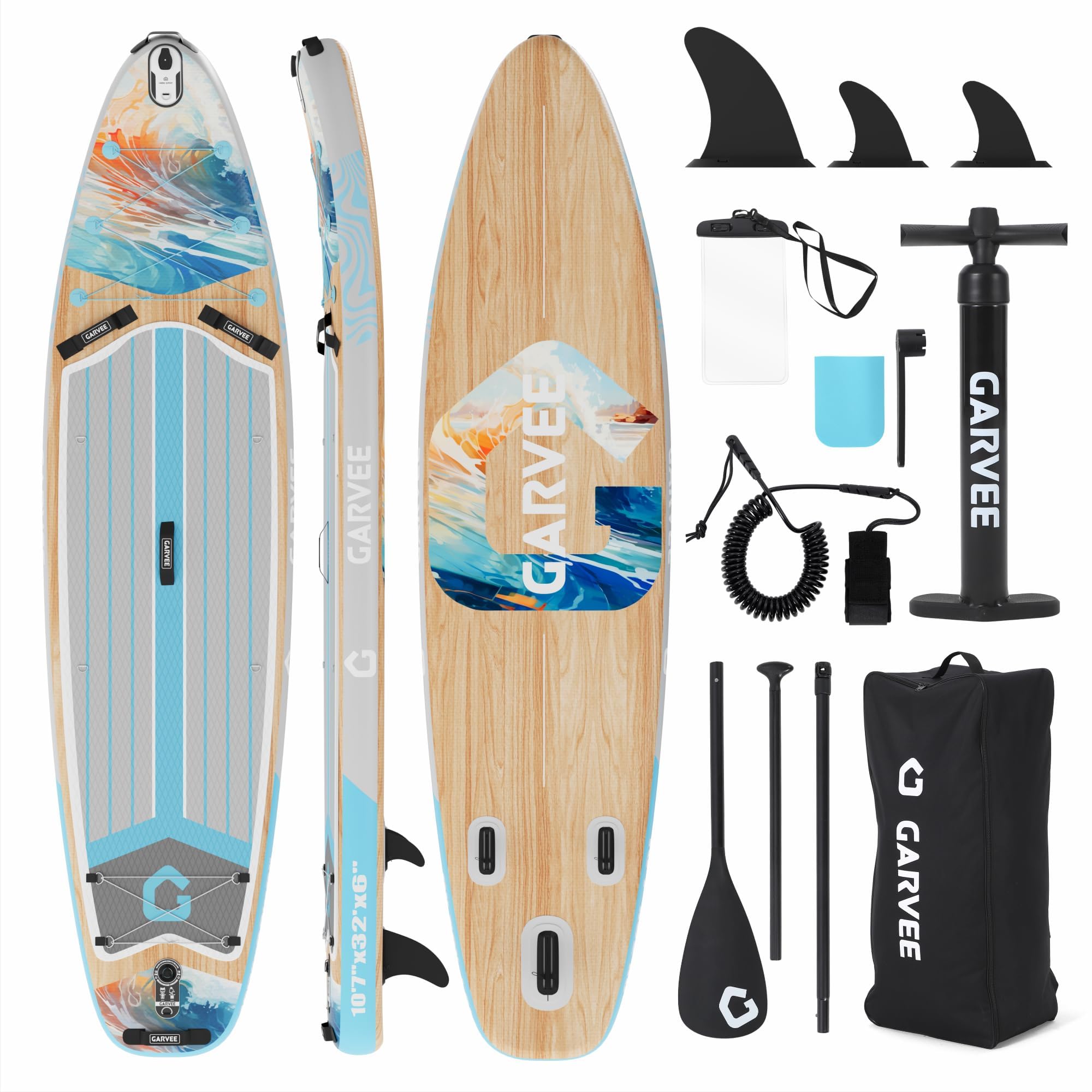 Inflatable Paddle Board PVC 335 Gradient Light Wood Grain Stand Up Paddle Board with Paddle Backpack Air Pump and Logo