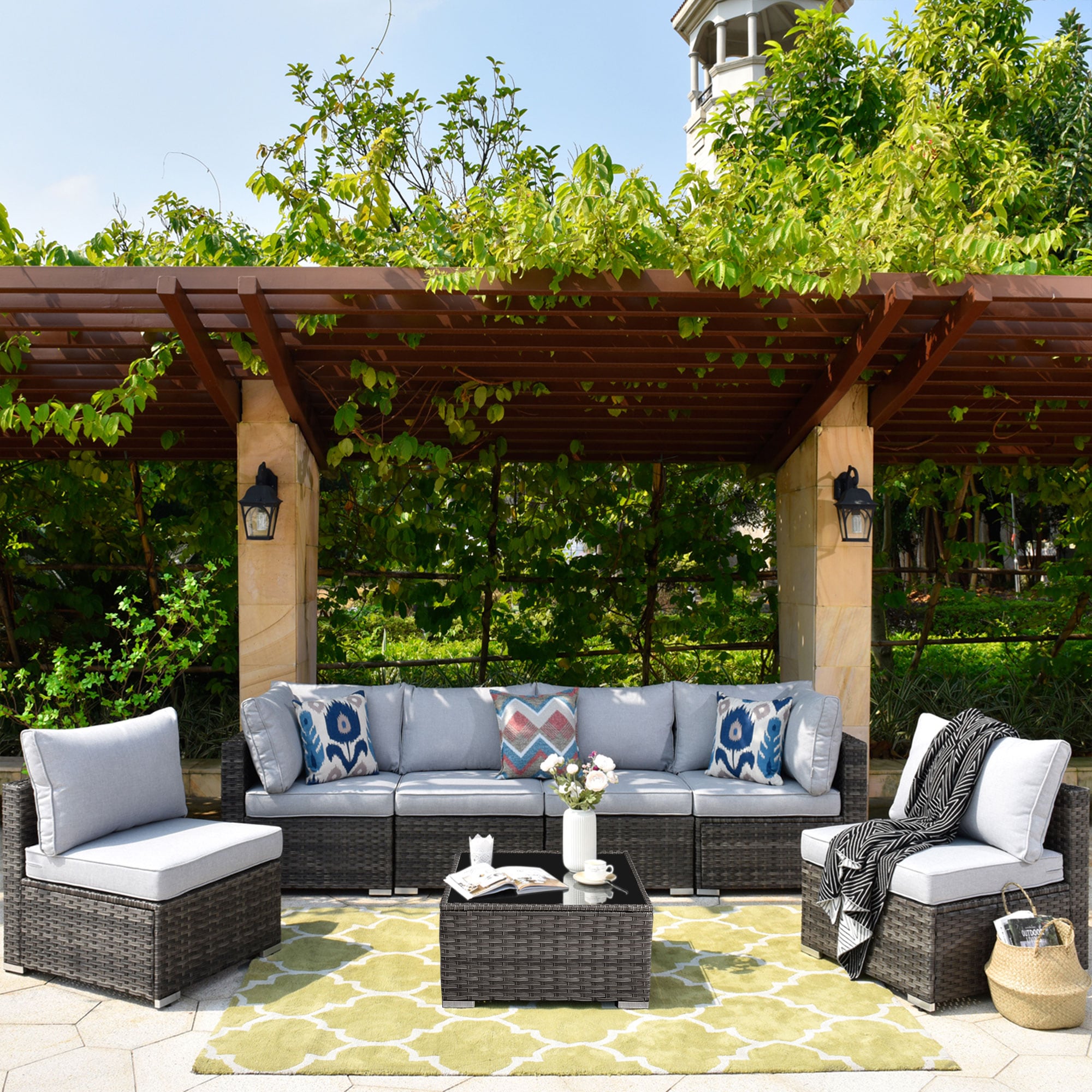 XIZZI HOP403 Libra 7 -Piece Rattan Patio Sofa Conversation Set with Gray Cushions