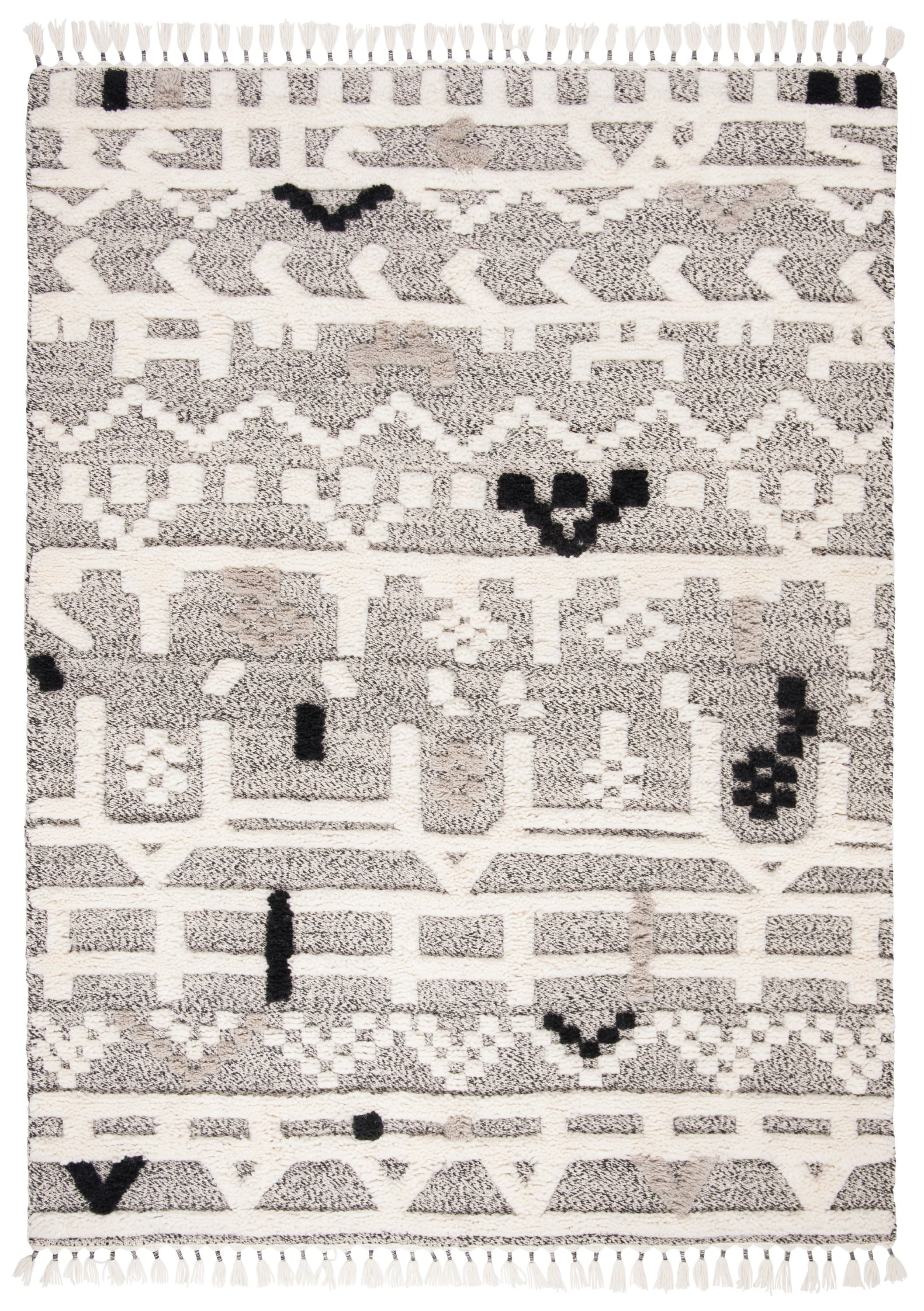 Casablanca Ivory and Black Wool 8' x 10' Hand-Knotted Shag Rug