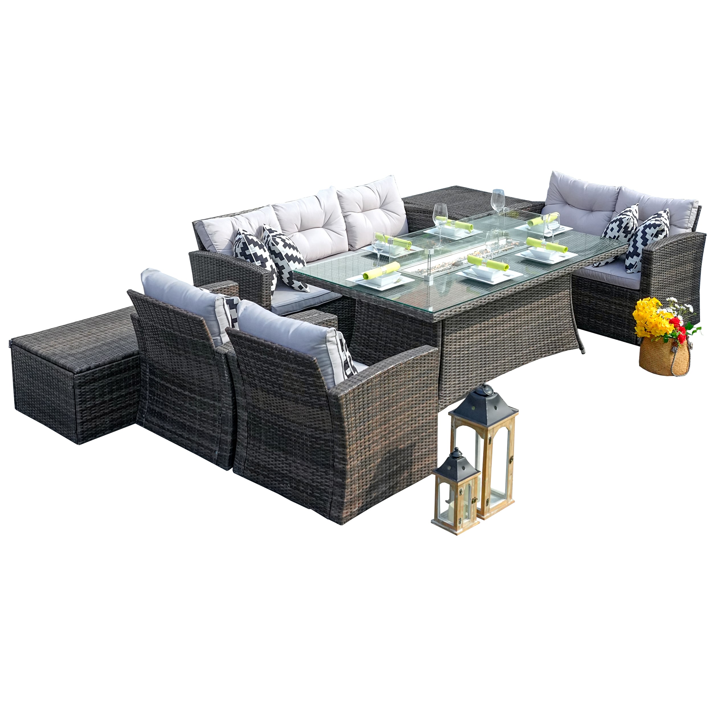 Moda Furnishings 1503-1106R-B 7 -Piece Wicker Patio Sofa Conversation Set with Brown Cushions