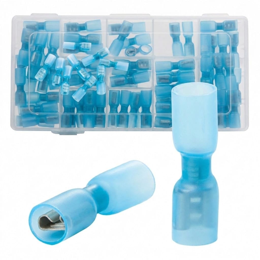 Aoibox  UL Listed Heat Shrink Male Spade Wire Connectors 1 4 in 16 14 AWG Blue Crimp Quick Disconnect Terminals 80 Pack